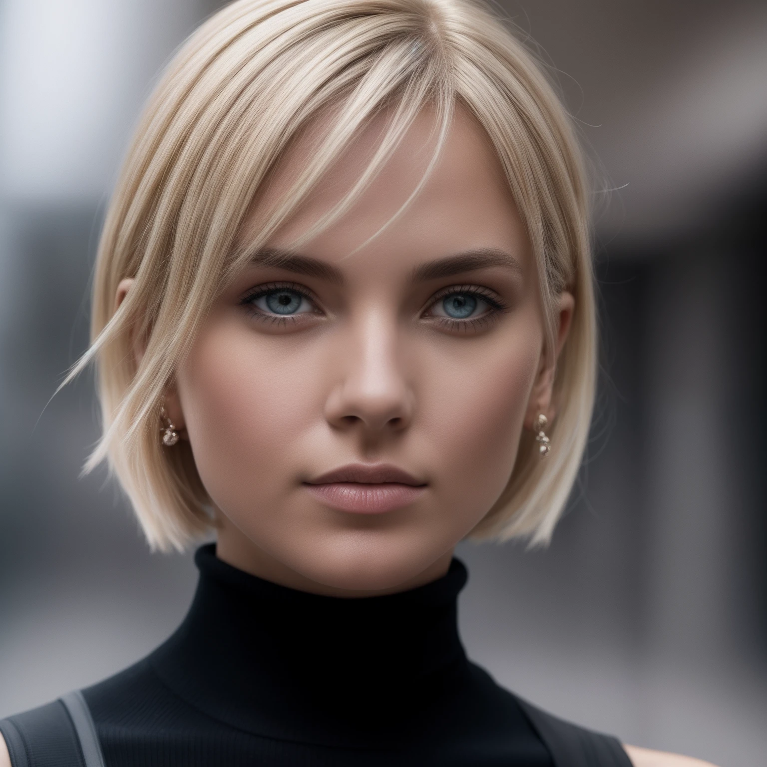 Slender, young, short blonde hair, blue eyes, in town, natural skin texture, 24mm, 4K textures, soft cinematic light, RAW photography, photorealistic, photorealistic, complex, elegant, highly detailed, sharp focus, (((cinematic look))), calm Tone, Insane Detail, Complex Detail, Ultra Detail, High Contrast, Soft Cinematic Light, Dim Colors, Exposure Blending, HDR, Faded, Cold, Waist Thin, Well-Proportioned, (8k, 4k, Top Quality, Hi-Res: 1.1), (Realistic, Photorealistic: 1.1), Girl 1 People, Solo, Face, Twin Tails, Blonde Hair, Bangs, Long Hair, Necklace, Earrings, Lips, Eye Shadow, Jewelry, (Viewer Looking For: 1.8), Spaghetti Straps, Detail, High Contrast, from_side, srfc, stunning complex full color portrait, wearing black turtleneck, spectacular character composition, by Ilya Kubushinov, Alessio Albi, Nina Masic, sharp focus, natural light, sub-surface scatter, f2, 35mm, film grain