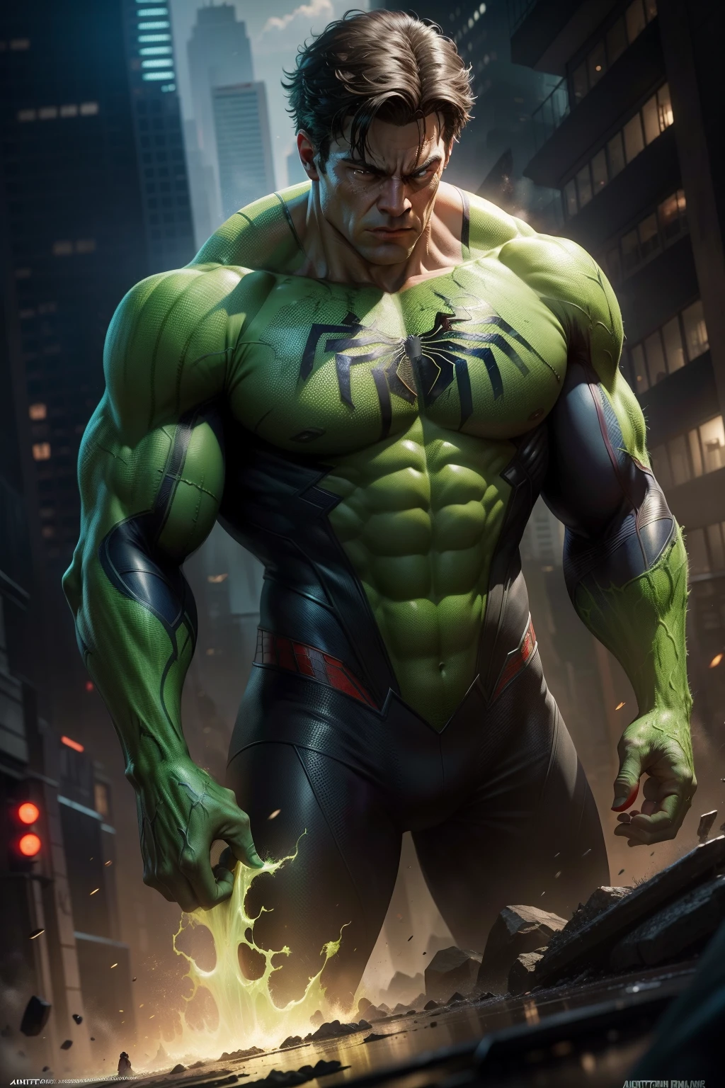 Spider-Man and incredible Hulk realistic images, greenish lighting, Glowing, Ultra photo realsisim, trending on artstationh, High quality wallpaper, Highly detailed, Beautiful, Award-winning, fantasy, Colorful, Epic, Legendary, Futuristic, Legendary, Powerful, illusory engine