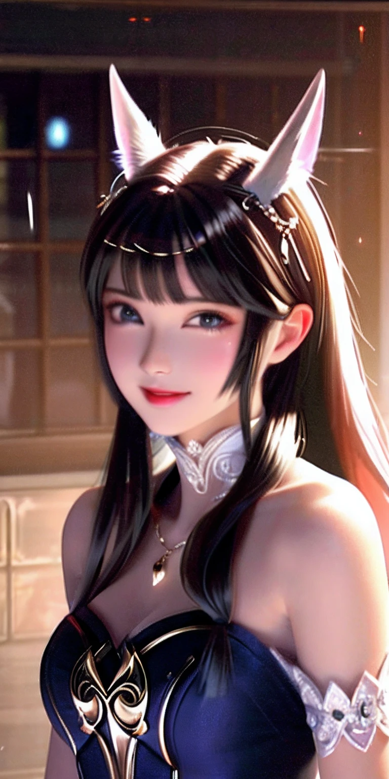 Best quality, masterpiece, high resolution, 1girl, clear silk porcelain dress, beautiful face, hair accessories, looking at the audience, smiling, close your mouth, lips, dress, hair accessories, necklaces, jewelry, long hair, earrings, beautiful face, on the body, Tindal effect, realism, dark studio, edge lighting, two-tone lighting, (high detail skin: 1.2), 8k UHD, DSLR, soft light, high quality, volumetric lighting, photo, high resolution 4K, 8k, blurred background