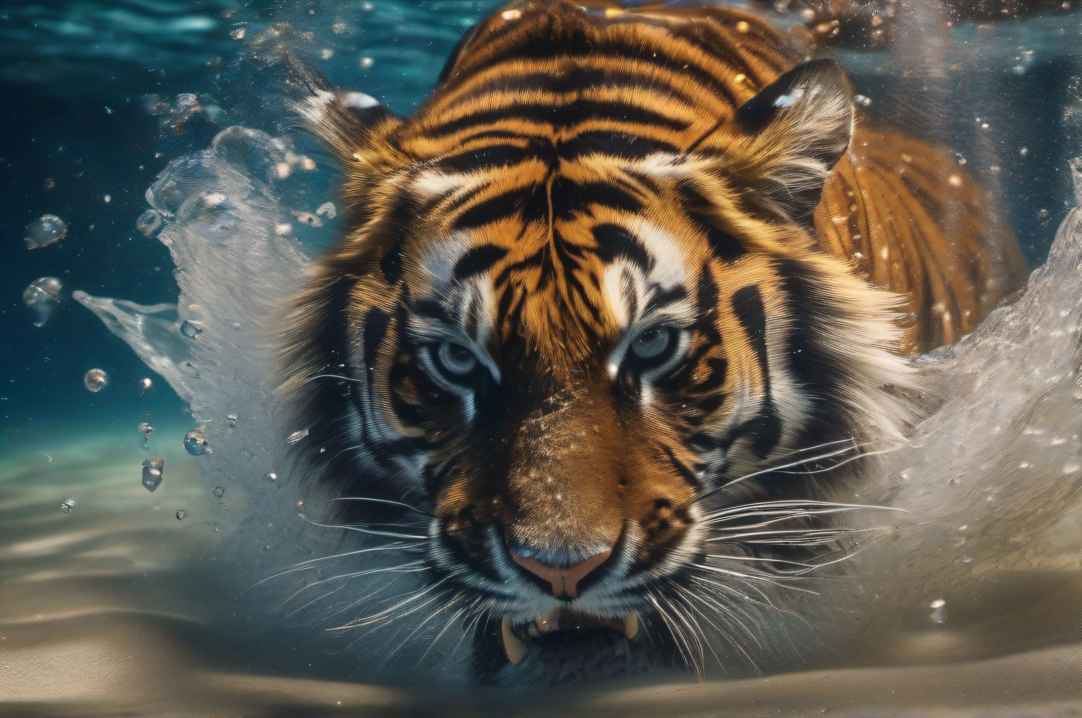 majestic tiger gracefully plunging into the sparkling depths of the ocean underwater), surrounded by a mesmerizing trail of swirling air bubbles