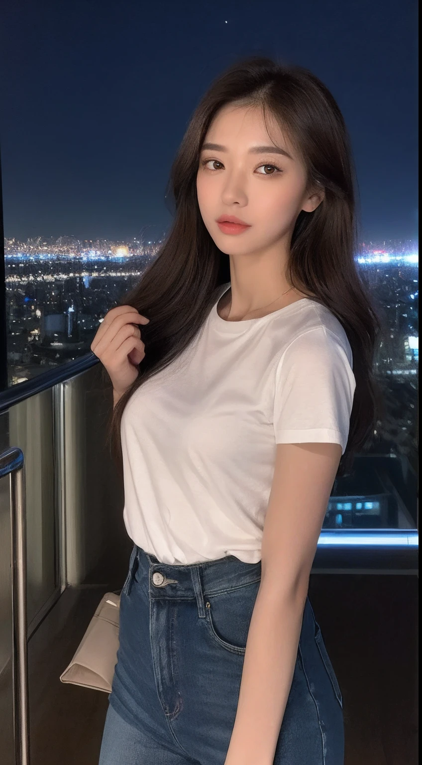 ((Midnight, Best quality, 8k, Masterpiece :1.3)), Whole body, Long legs, Sharp focus :1.2, A pretty woman with perfect figure :1.4, Slender abs :1.1, ((Dark brown hair, Big breasts :1.2)), (White tight tshirt, Jean bib, Standing:1.2), ((Night city view, Rooftop:1.3)), Highly detailed face and skin texture, Detailed eyes, Double eyelid