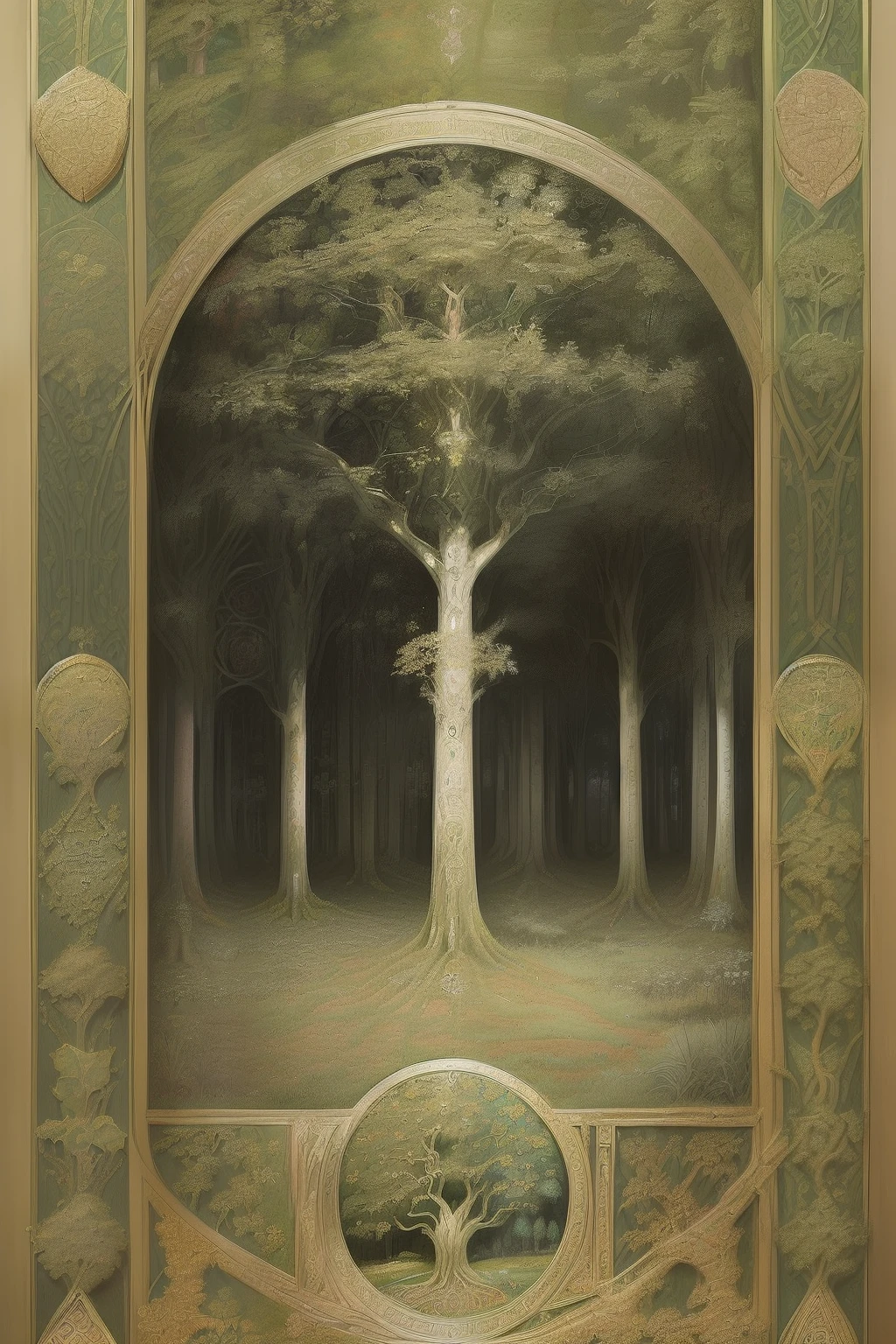 (((Pre-Raphaelite painting, Gustave Doré style, Celtic pattern, trees and leaves, tree of life, oak, outono, dourado, tons outonais e dourados, symmetric, Celta, damask pattern, ouro, geometric, verde e ouro, outono)))