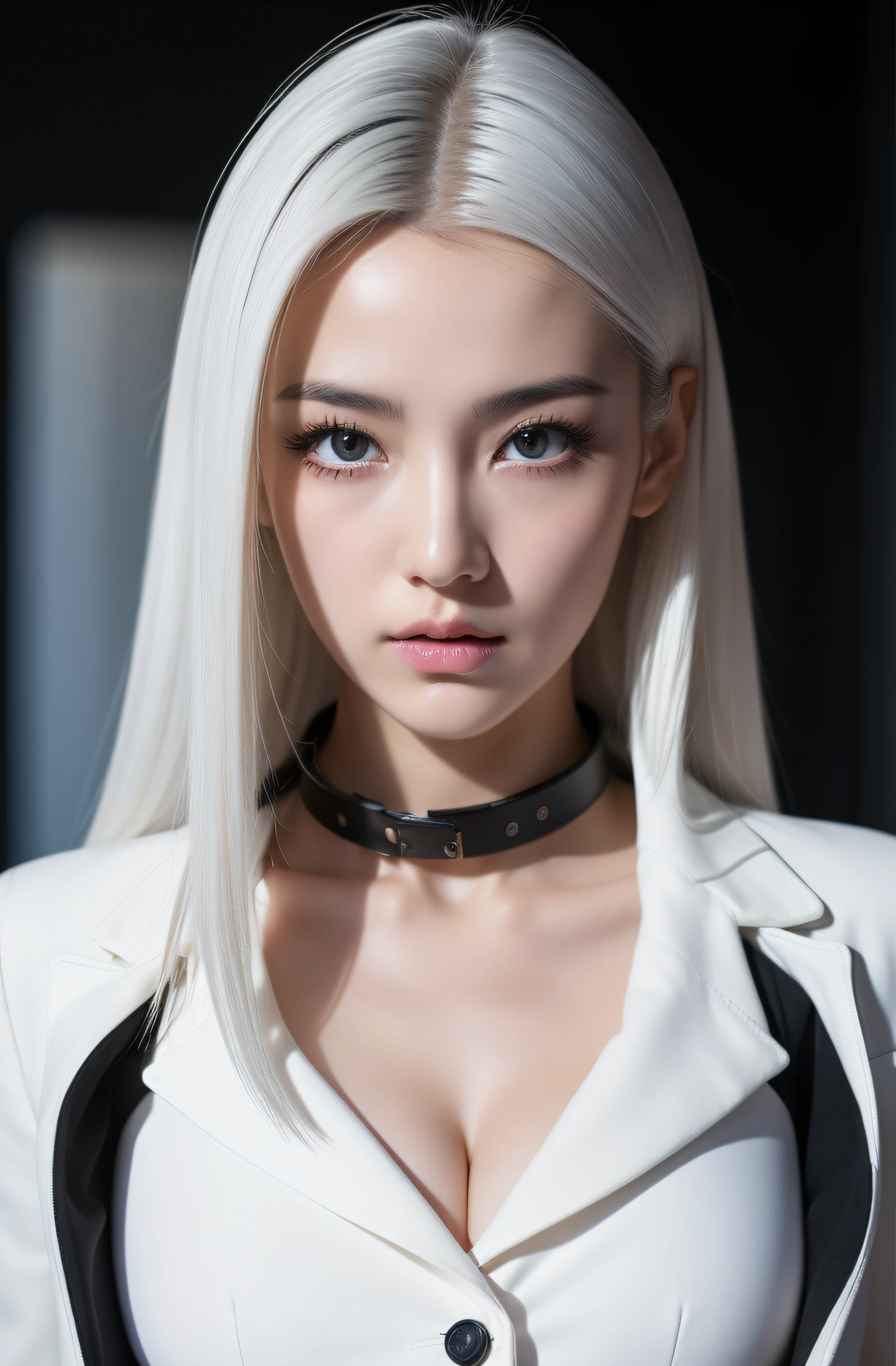 soldier suit girl, gun, superlative, masterpiece, seduction, full body, heavy makeup, hair ties, slightly open mouth, big eyes, glossy, very pretty face, young face, slender waist, sex pack, light white hair, straight face looking foward, naked, photorealistic.