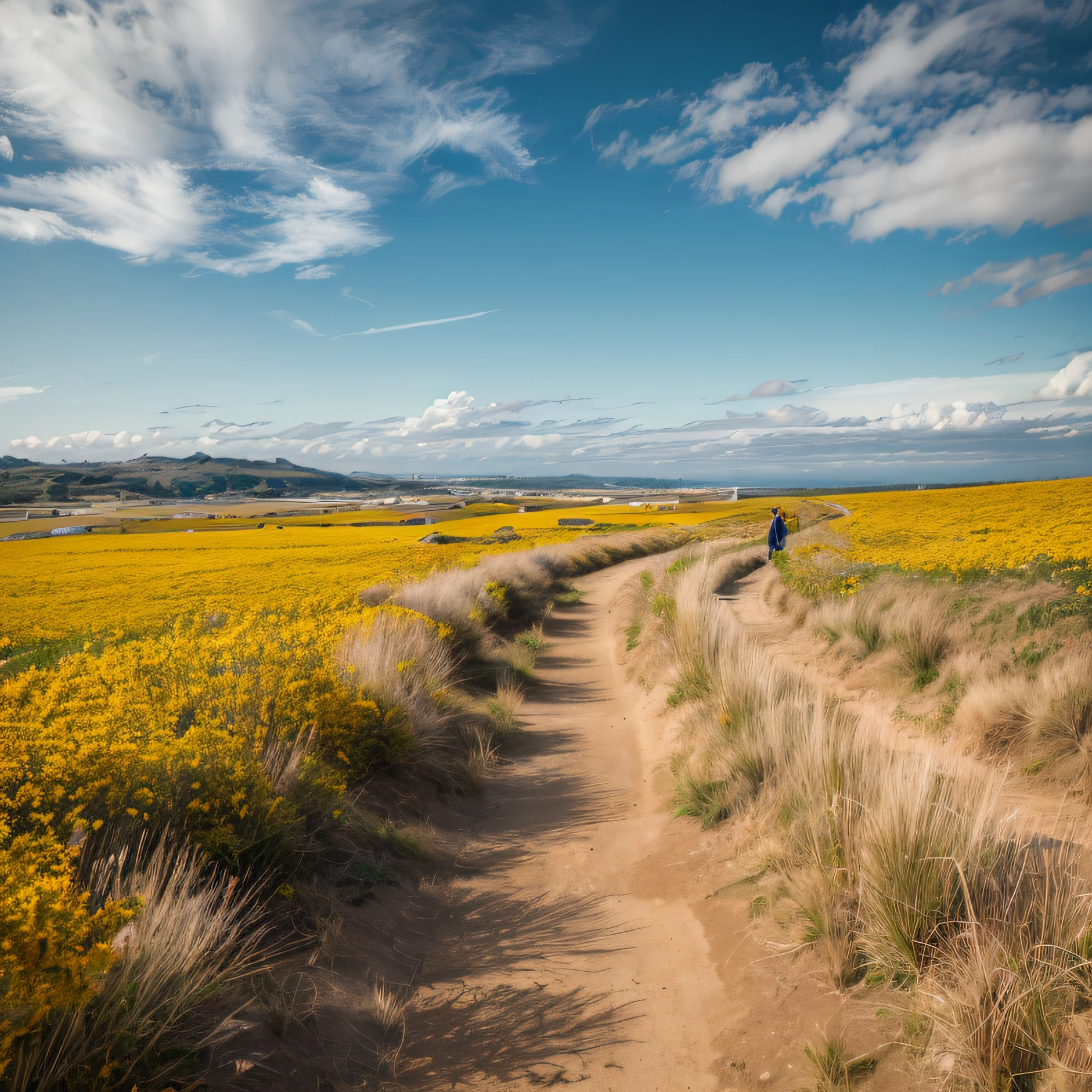 "Descreva uma paisagem pitoresca banhada por luzes amarelas e cores pasteis. A serene blue sky dominates the horizon, while a road winds through tall grasses and delicate flowers in soft shades of yellow. No centro da cena, stands out a classic car, suas linhas elegantes brilhando na luz dourada, e ao lado dele, An impeccably dressed man leans on grace, evocando a era vitoriana. Warm colors and variations of yellow surround the landscape, creating a sense of nostalgia and charm. A lady on the coast to the viewer looking out at the horizon in a gorgeous and flashy Victorian dress that sways gently with the force of the wind