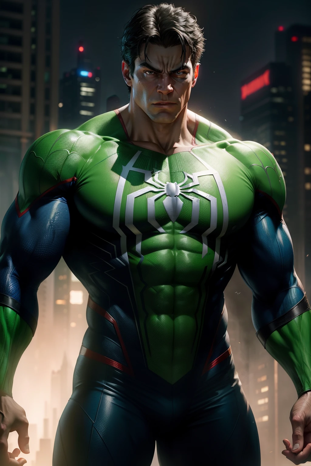 Spider-Man and incredible Hulk realistic images, greenish lighting, Glowing, Ultra photo realsisim, trending on artstationh, High quality wallpaper, Highly detailed, Beautiful, Award-winning, fantasy, Colorful, Epic, Legendary, Futuristic, Legendary, Powerful, illusory engine