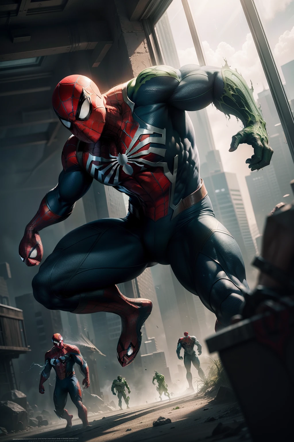 Spider-Man and incredible Hulk realistic images, greenish lighting, Glowing, Ultra photo realsisim, trending on artstationh, High quality wallpaper, Highly detailed, Beautiful, Award-winning, fantasy, Colorful, Epic, Legendary, Futuristic, Legendary, Powerful, illusory engine