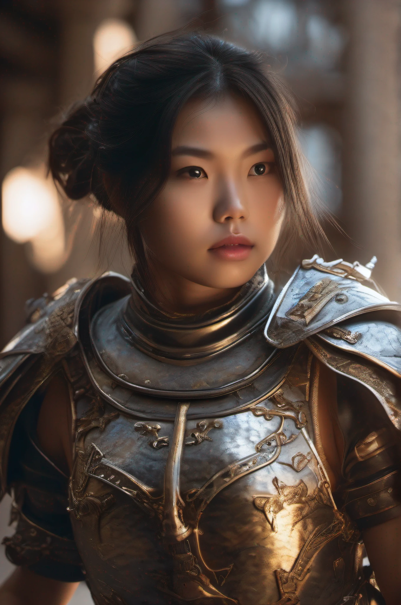 (Masterpiece), best quality, highly detailed, ultra-realistic, Asian girl wearing gladiator armour, metallic armour, dramatic lighting from below