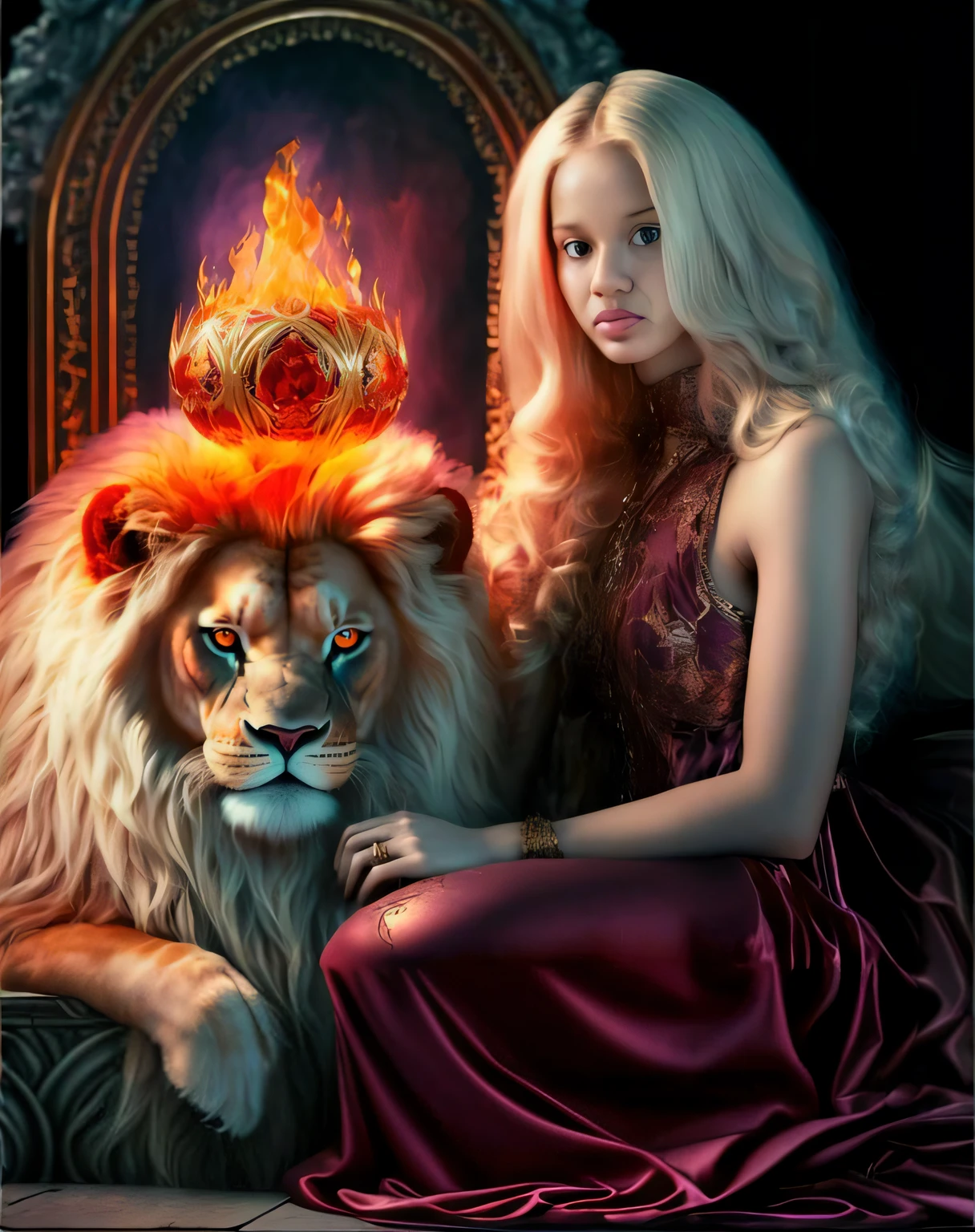 a woman in a red dress sitting next to a lion, gorgeous goddess of leo, Fire Lion, em seu trono, with the mane of a lion, Directed by: Marie Bashkirtseff, Directed by: Galen Dara, Deusa do fogo, Rainha da Selva, Rainha e governante do universo, Directed by: Derek Zabrocki, por Elena Teacher
