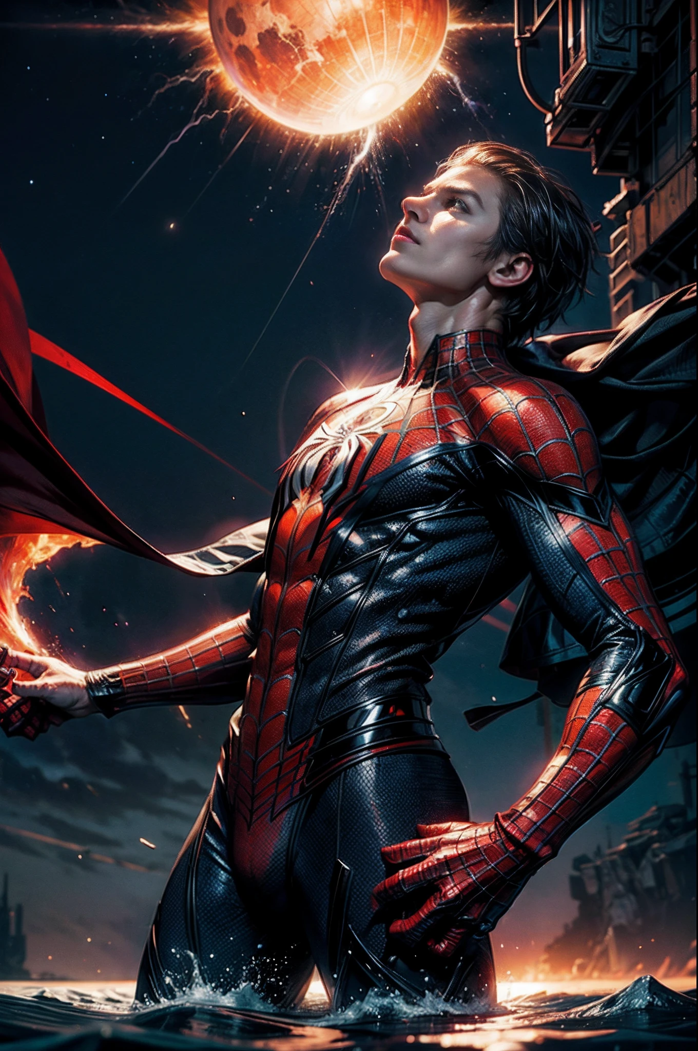 Spider-Man Surreal, Tense, Hot, Highly Detailed, Crisp,Highly Detailed God's Gaze, Cosmic Explosion, Supernova Explosion, Stellar Ocean, Professional, 8K UHD, Twilight, Film, Dark, Violent, Plein Air, River, Buttle, Chase, Dramatic, Vivid, Tense Atmosphere , rendered, epic, Twilight, nffsw, album covers, blizzard, lightning, disaster, 8k ultra HD. Hyper Realistic.(((perfect_hands, perfect_fingers)))