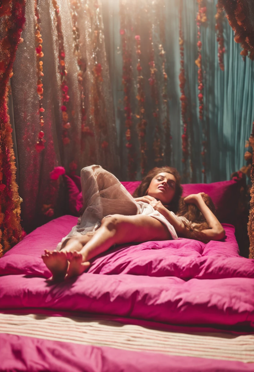 Young girl lying down on a bed getting plowed