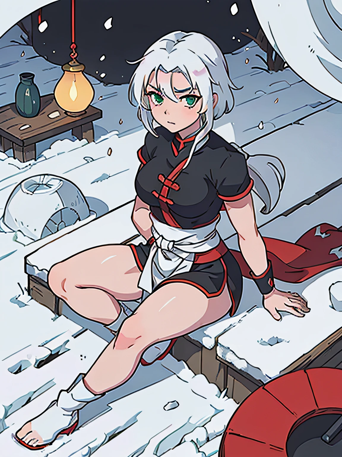 A full body image of a fair-skinned kunoichi with snow white hair, green eyes and red eye makeup, calmly sitting in the shadows, baggy sleep-deprived eyes, feminine curves, and lean musculature.