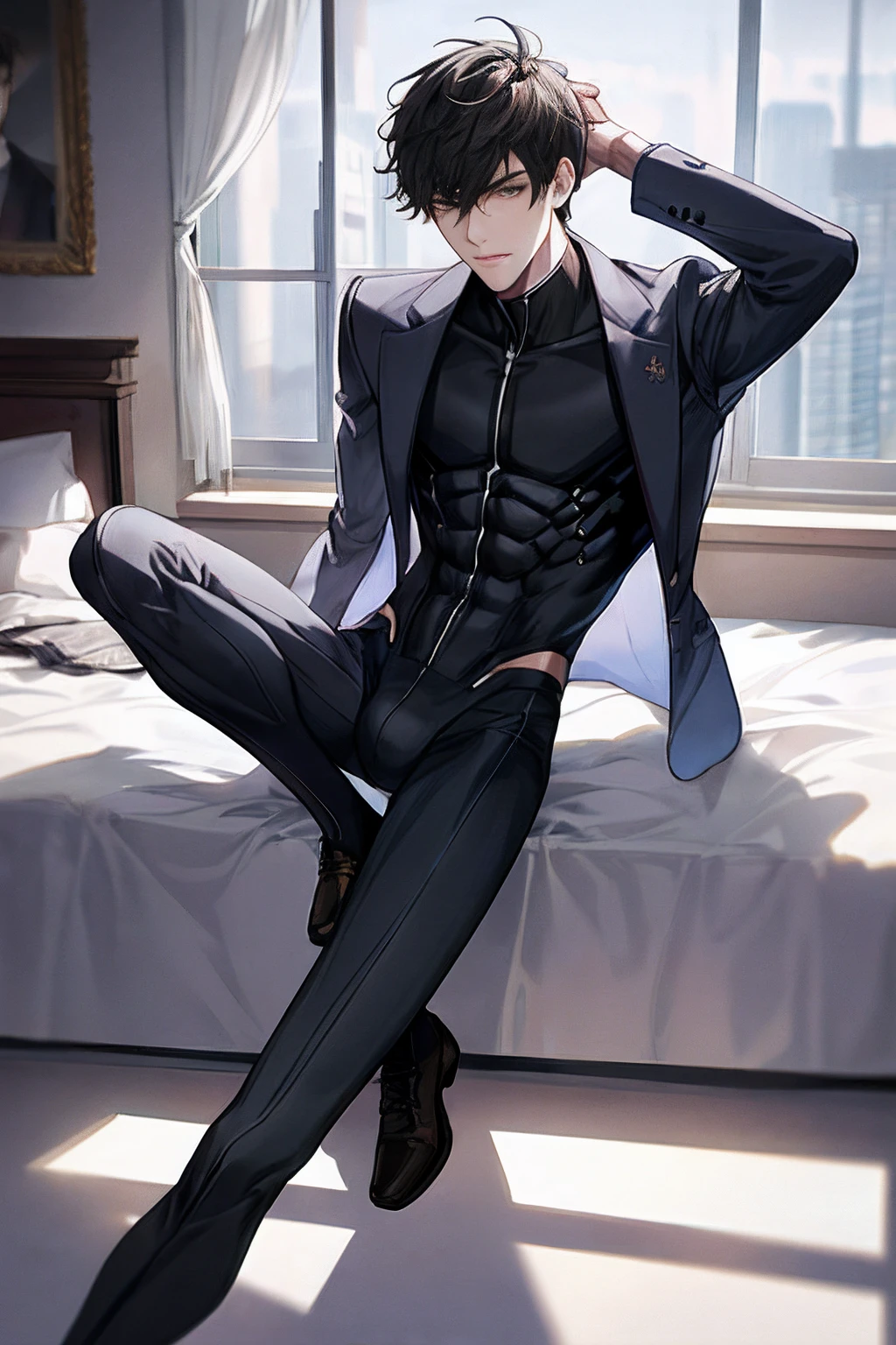 1boy,AS-Adult,tightsuit,Tong,cool guy,sit on a bed,legs are open,and hold your head in your hands,arms stretched wide,best qualtiy,Sexual suggestiveness,detail in face,massive bulge,office room,The building outside the window,Background of details,Diffused sunlight,depth of fields,Background bokeh,