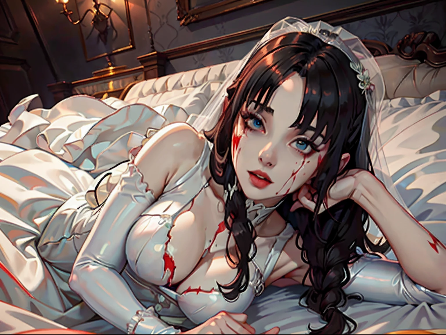 arafed, high details, best quality, 16k, [ultra detailed], masterpiece, best quality, (extremely detailed), dynamic angle, ultra wide shot, RAW, photorealistic, a wide angle picture of a vampire bride biting  her groom, a [female vampire] bride (best details, Masterpiece, best quality) vampire female in a white latex wedding gown with blood stains (best details, Masterpiece, best quality), ultra detailed face (best details, Masterpiece, best quality), ultra feminine, grey skin, red haired, long hair, wedding hair cut style, blue eyes, intense eyes, wearing white latex wedding dress bloody gown (best details, Masterpiece, best quality), wearing white high heels, in the honeymoon suite (best details, Masterpiece, best quality), biting the the groom, bloody face, BREAK a beautiful human man (best details, Masterpiece, best quality), ultra detailed face (best details, Masterpiece, best quality), wearing a wedding tuxedo (best details, Masterpiece, best quality), honeymoon suite background, Ultra-Wide Angle, high detail, award winning, best quality, HD, 16K, 3D rendering, high details, best quality, highres, ultra wide angle, 3D rendering, [[anatomically correct]]