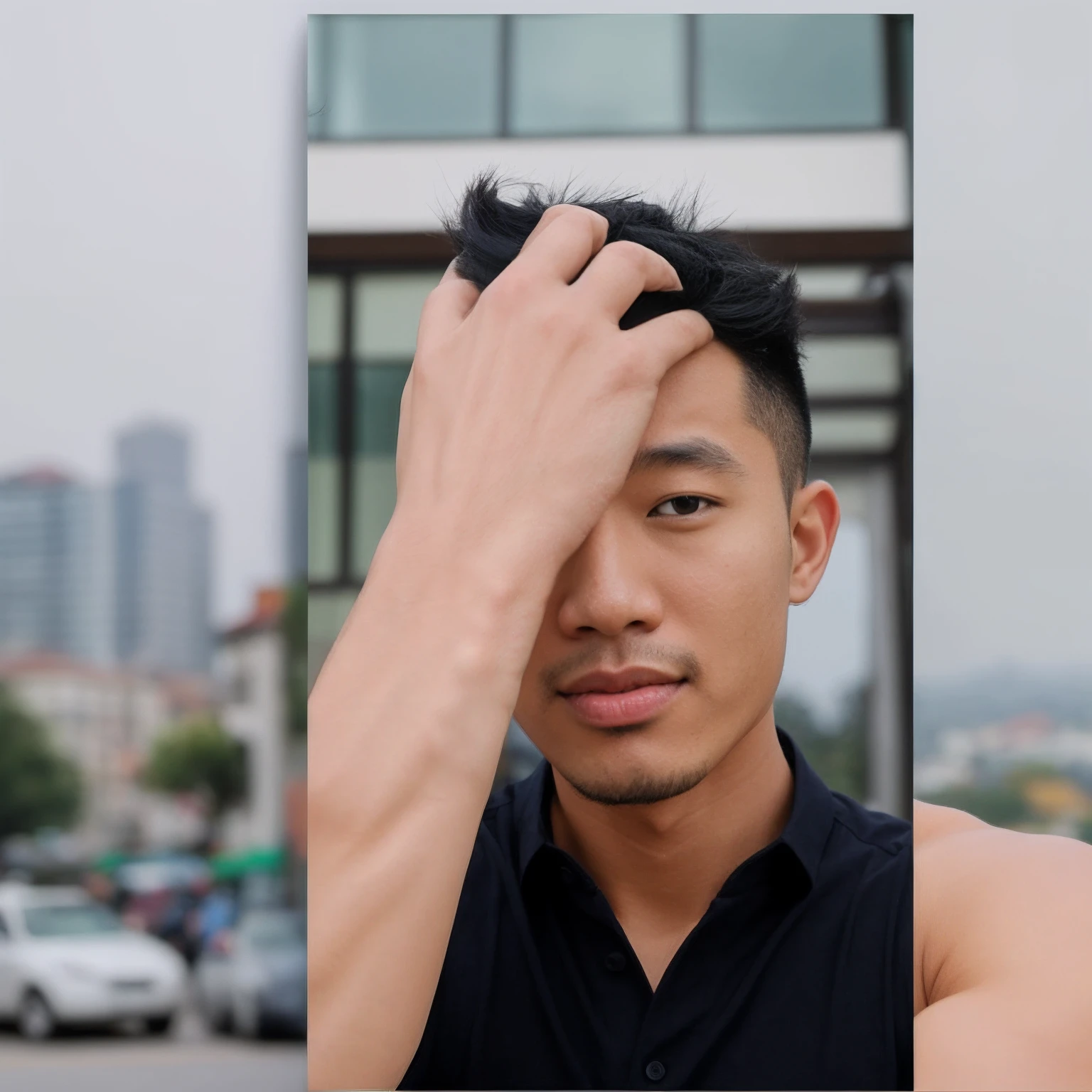there is a man that is holding his hair in his hand, showing forehead, with accurate face, forehead only, blur effect face, with kind face, very very low quality picture, low quality photograph, distorted photo, distorted pose, asian male, edited in photoshop, handsome face and beautiful face, 8k selfie photograph, detailed unblurred face, very accurate photo