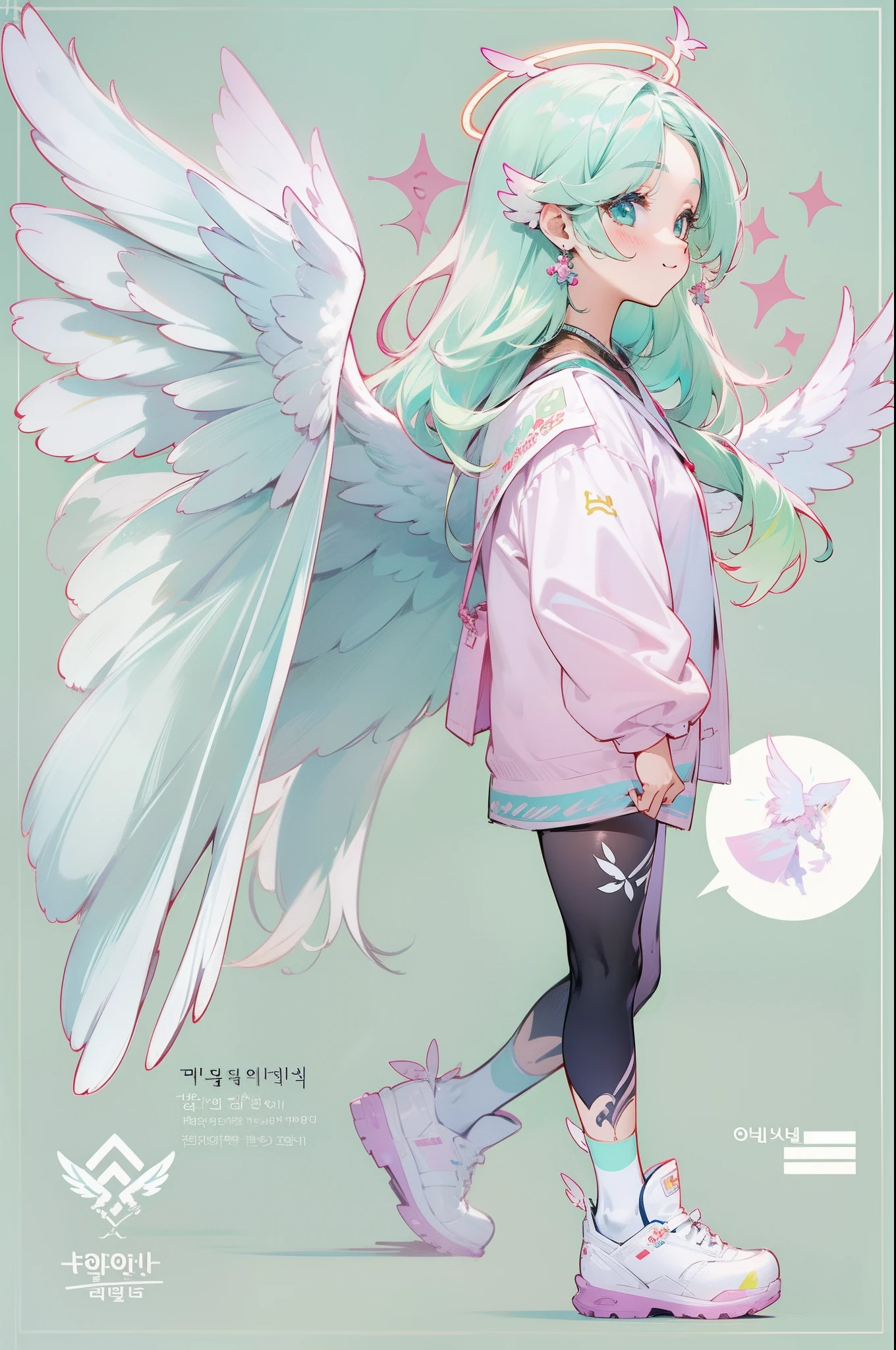 side view, adoptable character, reference sheet, 1girl, modern, kpop idol, angel, korean, korean street fashion, angel wings, halo, pastel green hair, long hair, pretty, bubbly, happy, solo