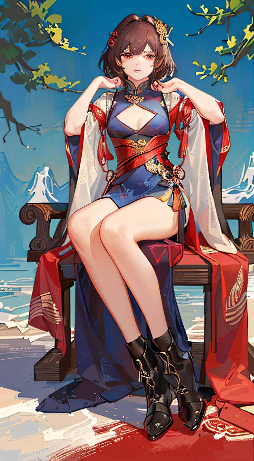 teens girl,on cheongsam,boot,full bodyesbian,(detail in face:1.2),tmasterpiece,Fashionab,Song dynasty,Chang'an,short detailed hair,brunette color hair,red - eyed,,sitting on a dragon chair,Hold your head with one hand