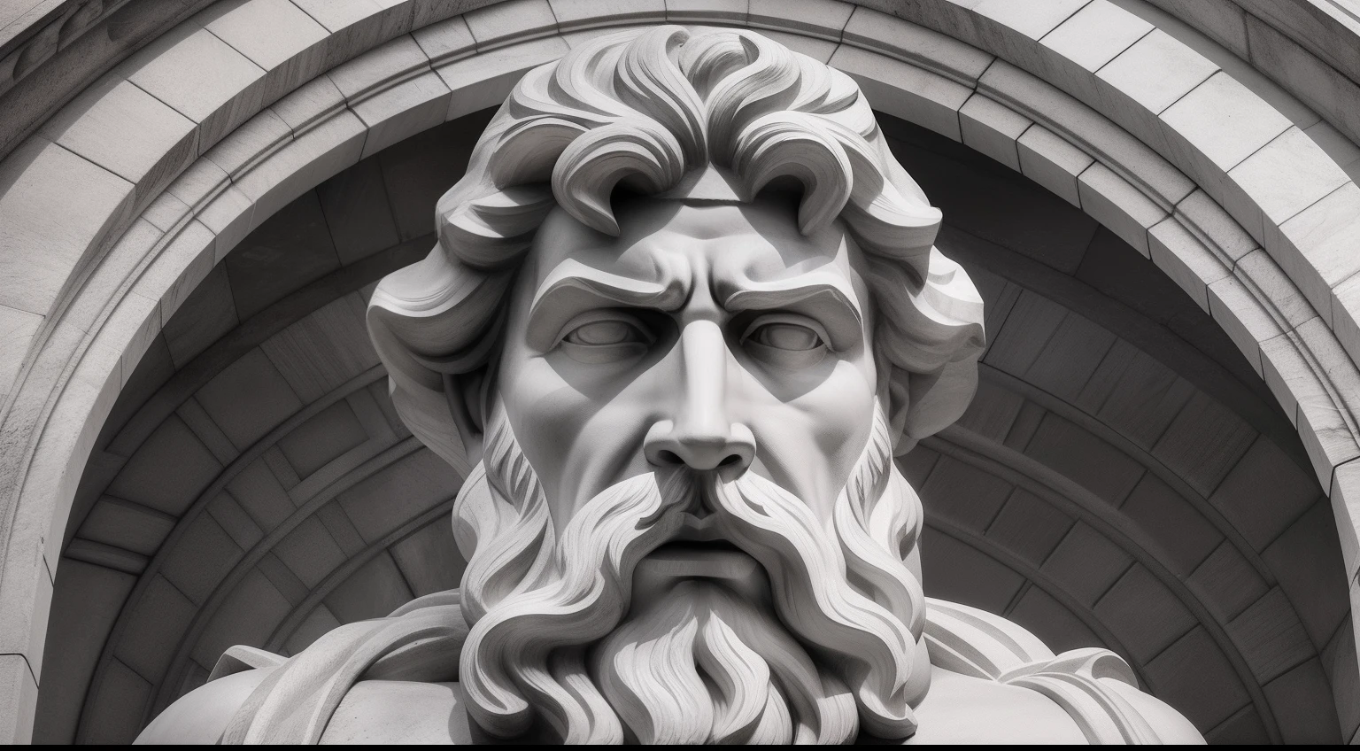 a black and white photo of a statue of a man with a beard, philosopher, estoicismo, GREEK HERO HERCULES, with an aggressive facial expression