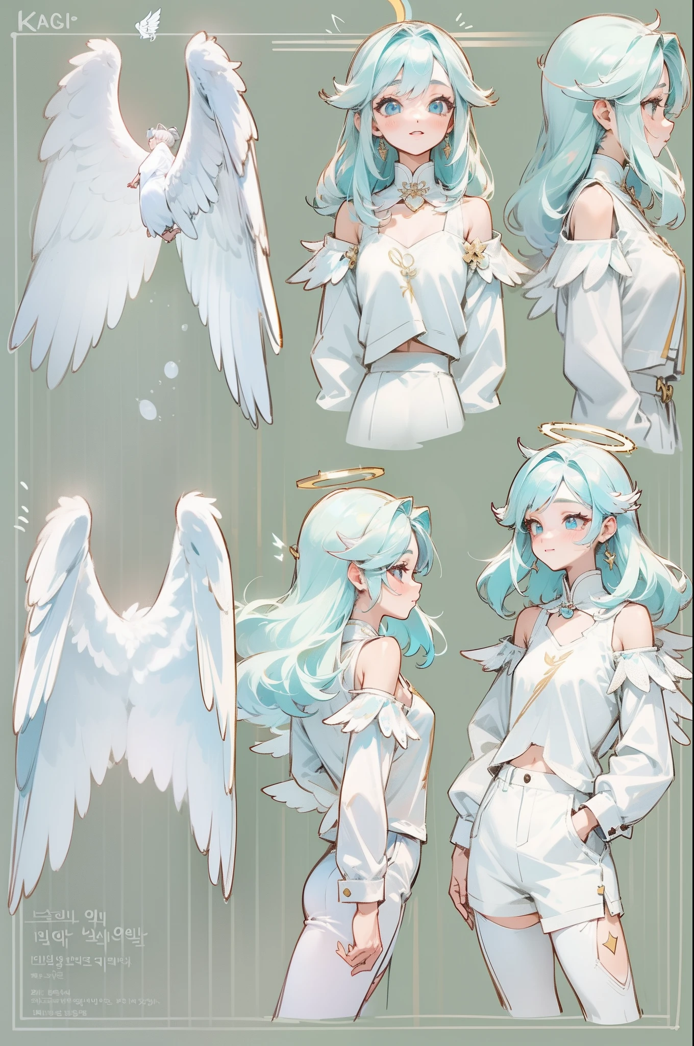 side view, adoptable character, reference sheet, 1girl, modern, kpop idol, angel, korean, korean street fashion, angel wings, halo, bubbly, happy, solo