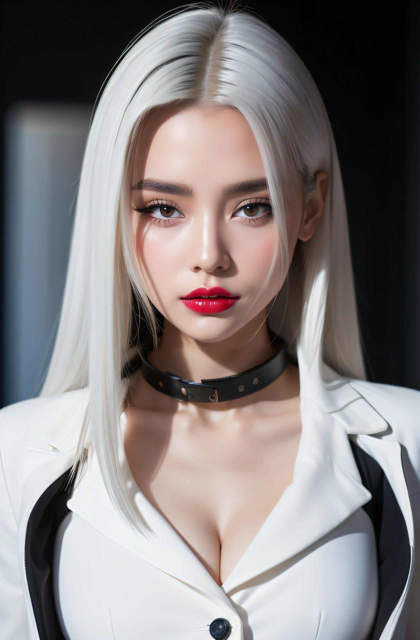 soldier suit girl, gun, superlative, masterpiece, seduction, full body, heavy makeup, hair ties, slightly open mouth, big eyes, glossy, very pretty face, slender waist, sex pack, light white hair