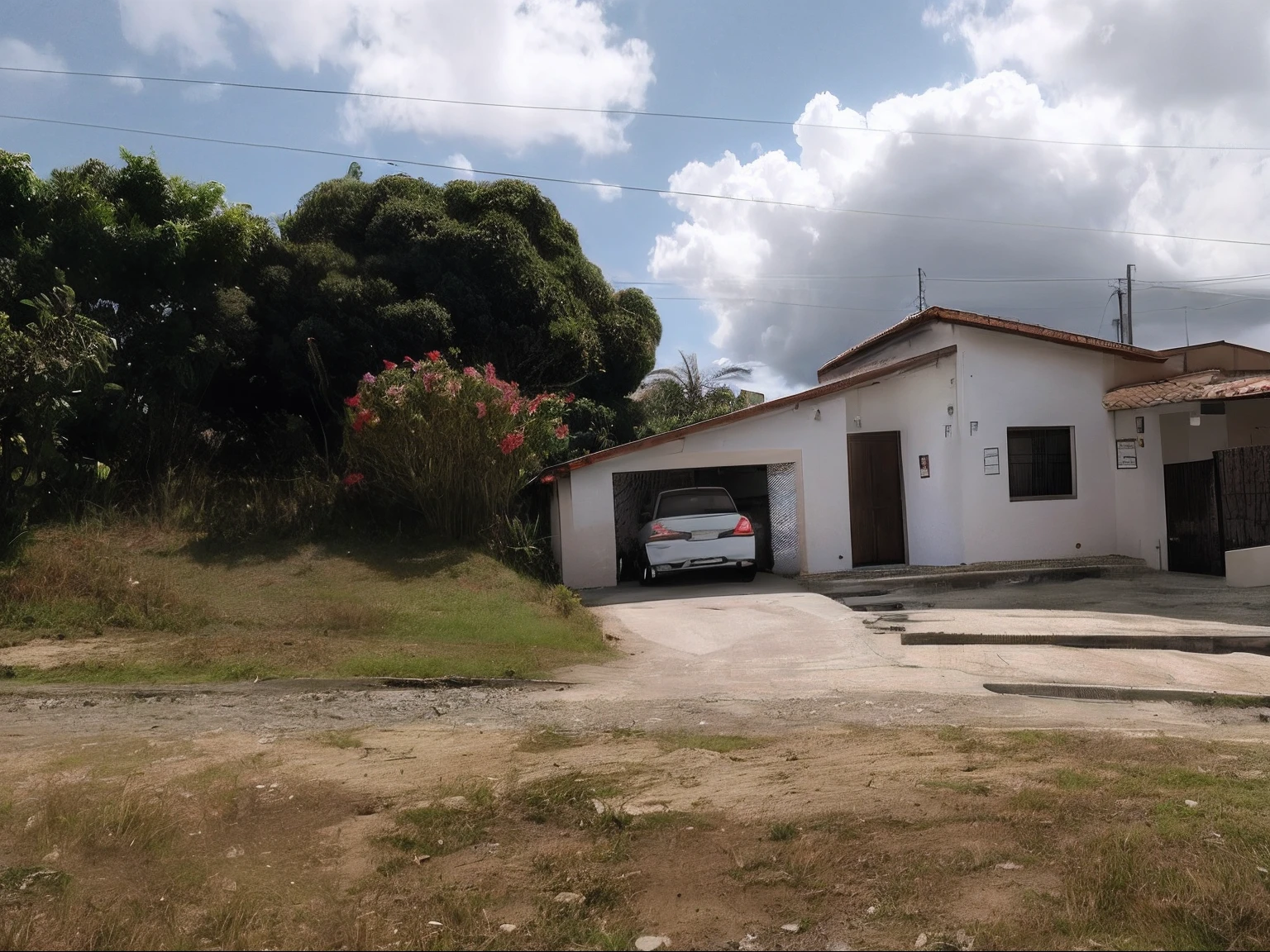 melhor qualidade, obra-prima,There is a car parked in front of a house with a car parked in front, Lumion Pro rendering, late afternoon lighting,Frente, vista externa, vista frontal, vista exterior, Vista frontal, imagem frontal, vista lateral frontal, Front view, Casa colonial no fundo, visto de fora, uma casa, vista frontal 2 0 0 0, casa completa, Directed by: Willian Murai, Garagem