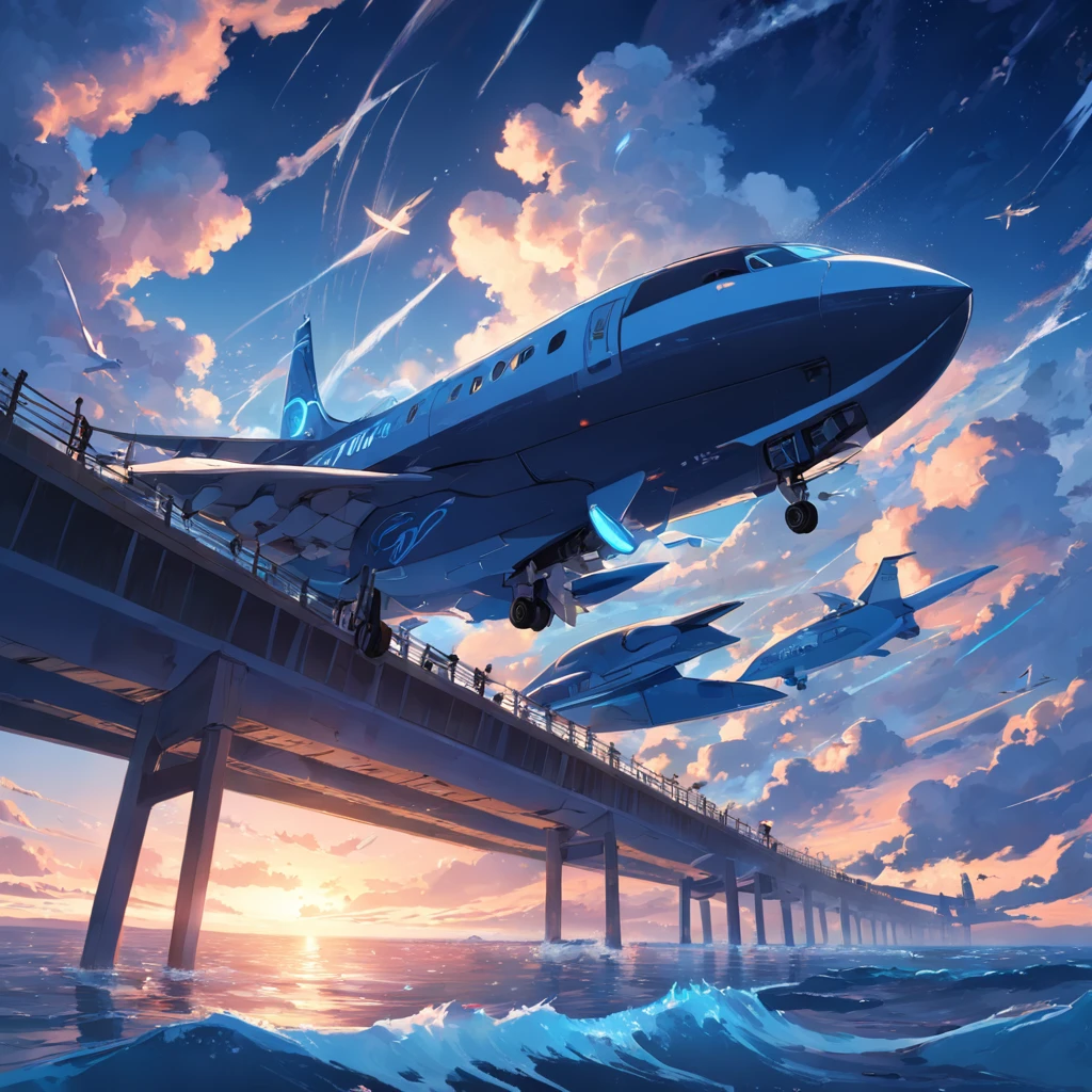 8K, best quality, masterpiece, scenery,Pier,Wharf， sea, seaside, power poles, long stone bridges extending into the sea, panoramic view, a (futuristic jet plane) flying over the dark blue sky leaving two white air marks. dark Blue sky, sunset, evening, reefs by the sea,(fantasy scene)