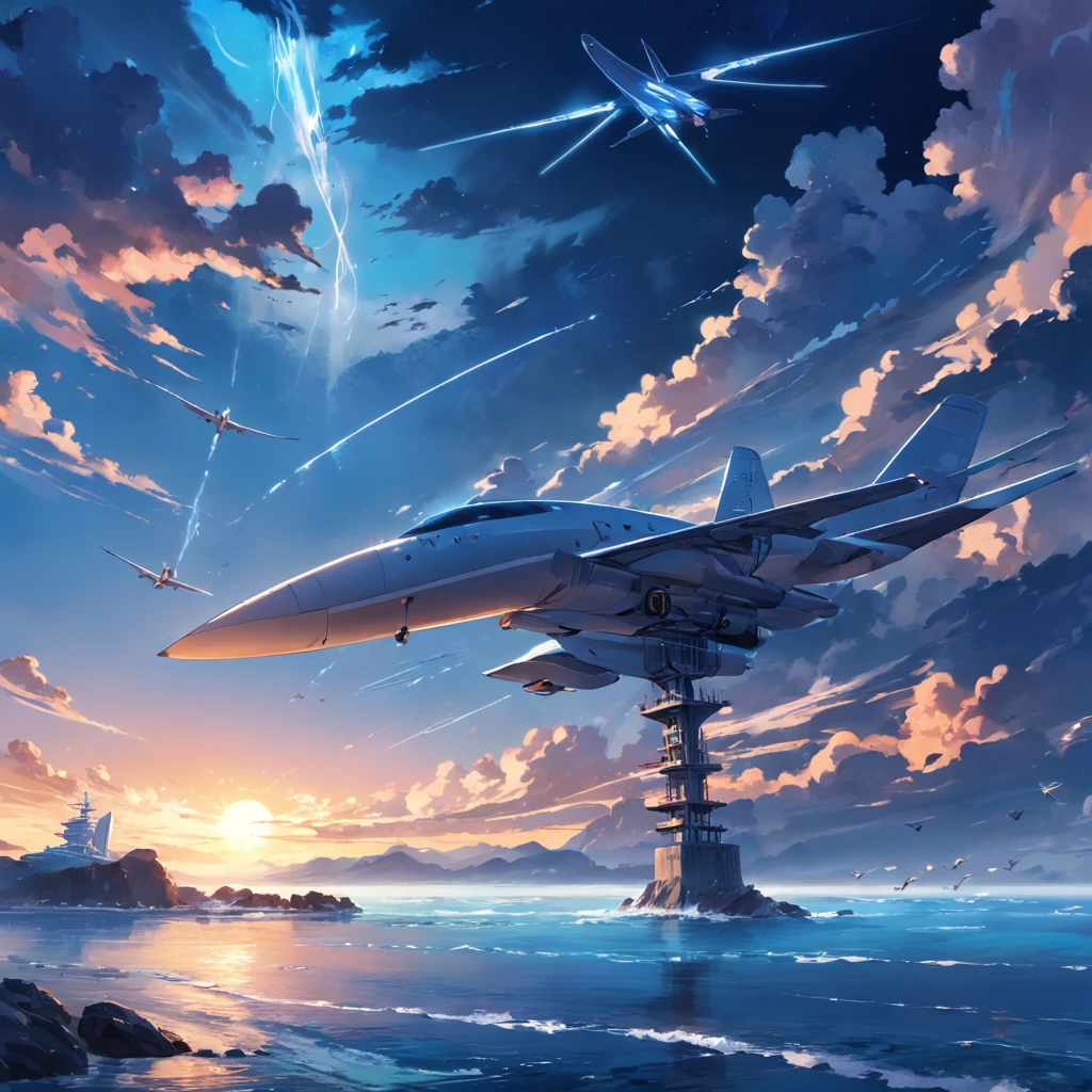 8K, best quality, masterpiece, scenery,Pier,Wharf， sea, seaside, power poles, long stone bridges extending into the sea, panoramic view, a (futuristic jet plane) flying over the dark blue sky leaving two white air marks. dark Blue sky, sunset, evening, reefs by the sea,(fantasy scene)