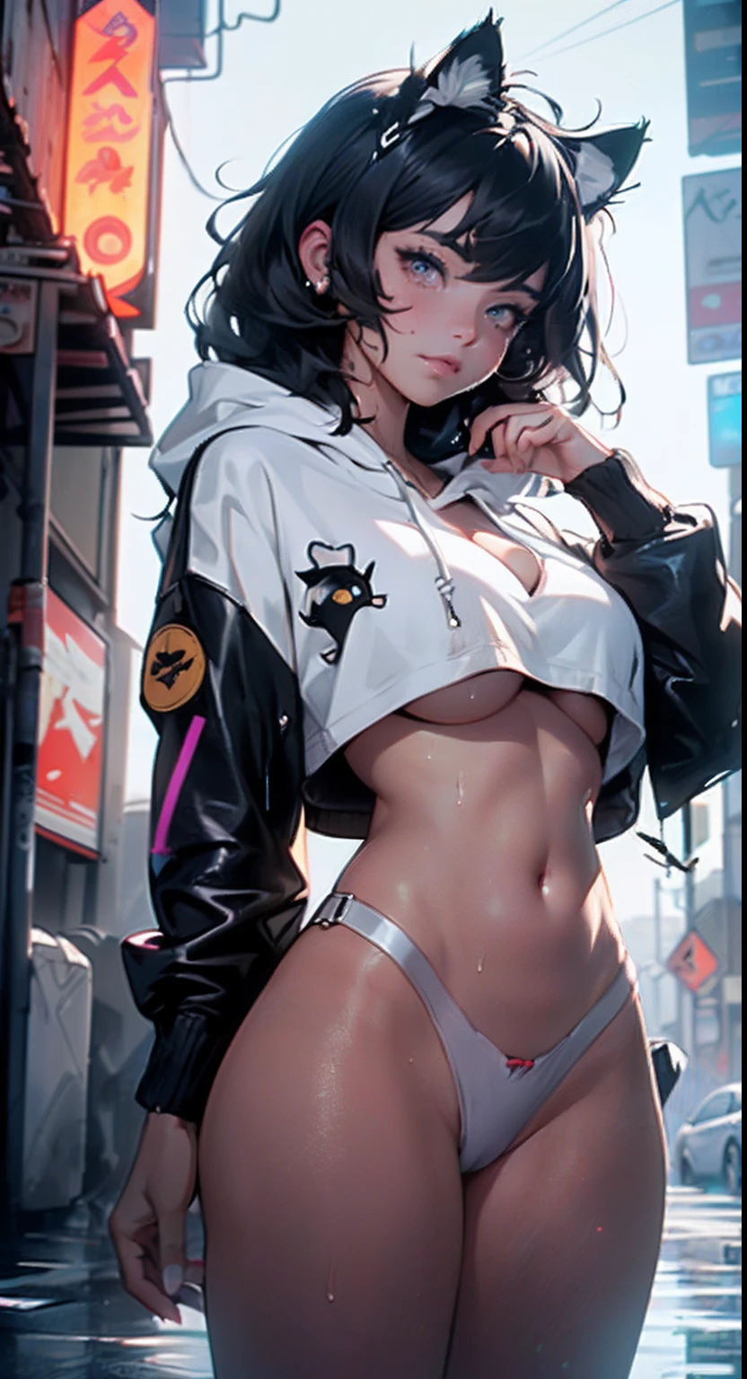 girl spacepunk,(((1girl))),((beautiful girl with bright and luminous cat ears)),

(large breasts:1.4),saggy breasts,((((black hair,black messy hair,colored inner hair,large hair,absurdly long unkempt hair:1.35,long black hair,ear breathing)))),((((cat ears,cat ears on head,big cat ears, glowing cat ears:1.5)))),(((pink eyes:1.3,upturned eyes:1.3,perfect eyes,beautiful detailed eyes,finely detailed beautiful eyes:1,symmetrical eyes:1))),((fat)),(((lustrous skin:1.5,bright skin: 1.5,skin tanned,shiny skin,very shiny skin,shiny body,plastic glitter skin,exaggerated shiny skin, illuminated skin, wet legs))),(spider lower abdomen,narrow waist,wide hip,athletic body,inflated legs,delicate detailed fingers,detailed body,human hands,(detailed face)),

cute,slutty,seductive,erotic,(nsfw),

zettai ryouiki,revealing clothing,show skin,((((underboob)))),(cleavage),(semi-naked,with little clothing,((tiny thong)),bare legs,visible thong straps),((((crop top hoodie,cropped hoodie,hoodie,hoodie intricate)))),((wet clothes,detailed outfit,detailed clothes)),

(dynamic pose:1.0),solo focus,embarrassed,(centered,scale to fit dimensions,Rule of thirds),

cyberpunk city by the ocean at night, with bright neon signs and dark stormy clouds and puddles,
High resolution, sharp focus, (ultra detailed, extremely detailed), (photorealistic artwork:1.37), 8k wallpaper,((synthwave background theme)),vibrant colors,(intricate),