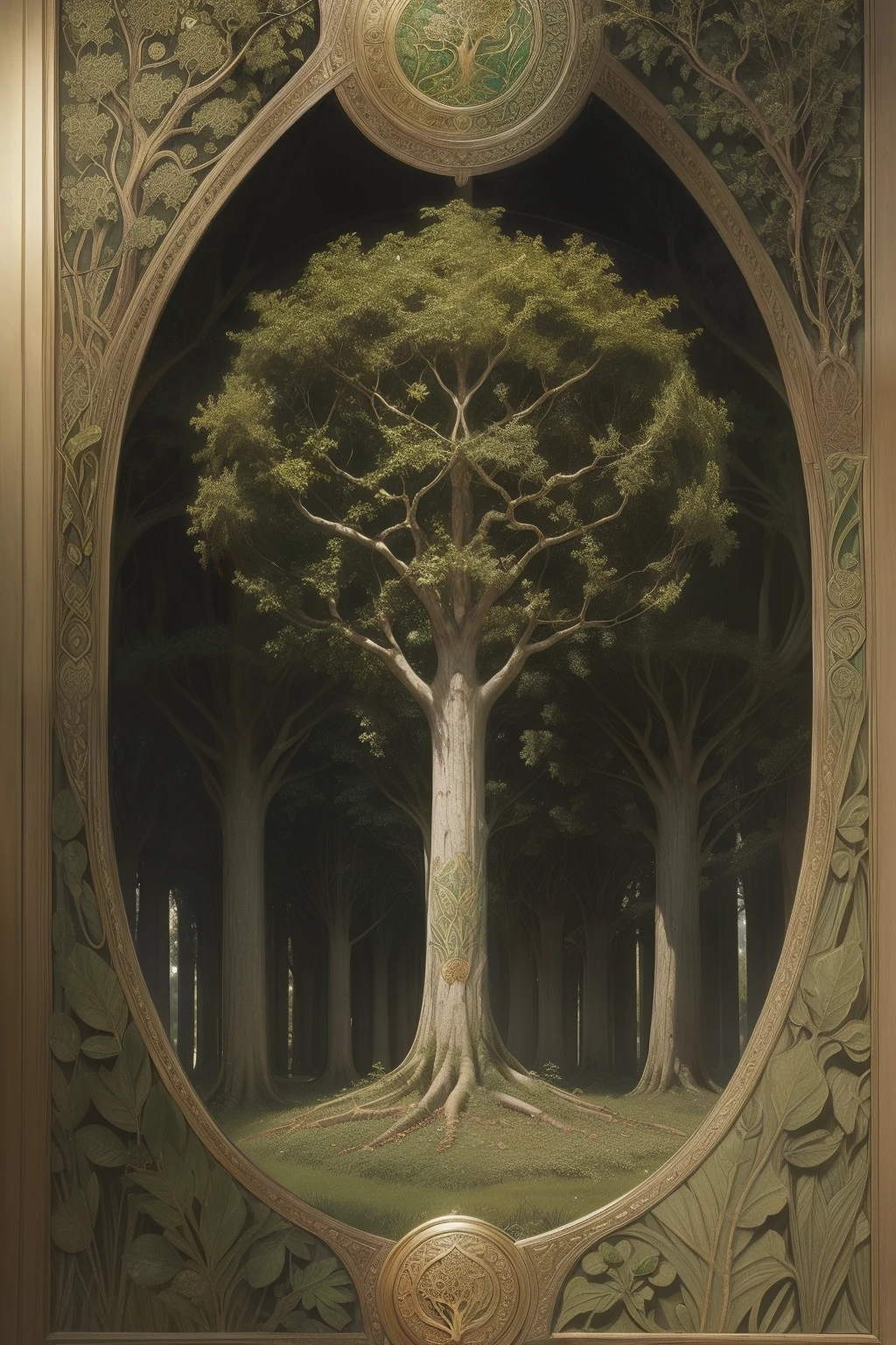 (((Pre-Raphaelite painting, Gustave Doré style, Celtic pattern, trees and leaves, Tree of Life, carvalho, outono, dourado, tons outonais e dourados, symmetric, Celta, damask pattern, ouro, geometric, verde e ouro, outono, cores vivas, imagem bem definida)))