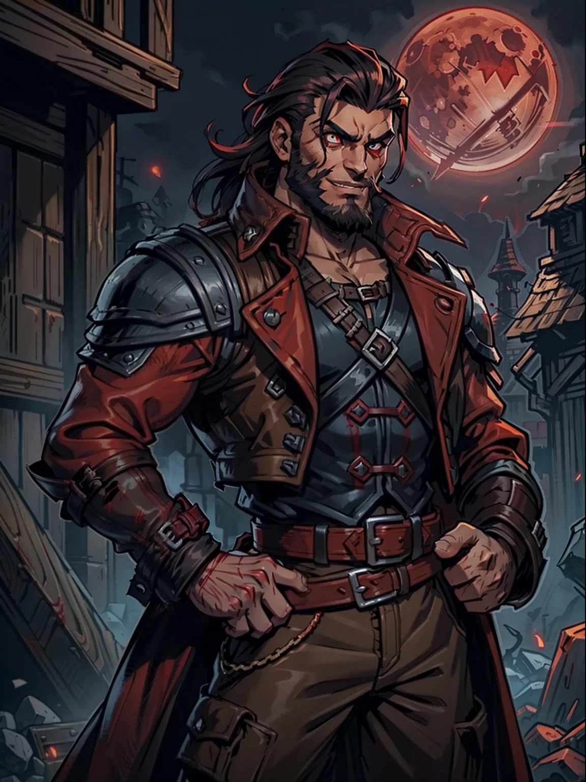 Blood moon background, Darkest Dungeon style, taking treasure. Sadurang from Marvel, hunk, buffed physics, short mane hair, ((mullet)), defined face, detailed eyes, short beard, glowing red eyes, dark hair, wily smile, badass, dangerous. Wearing ((trench coat with long sleeves)), armor vest, cargo pants