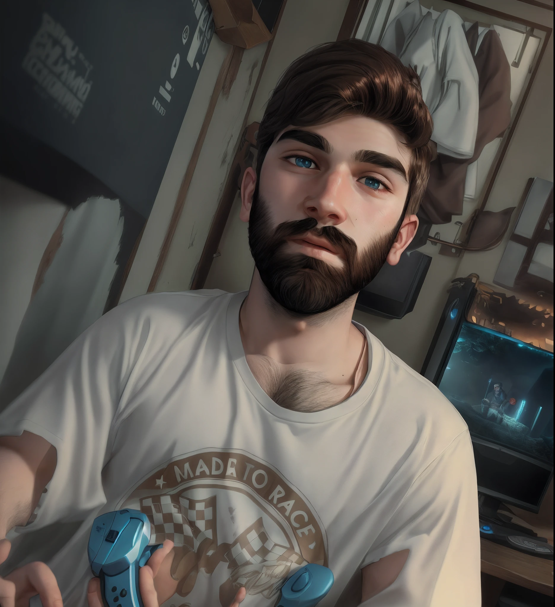 Handsome, beard young boy with gaming room background