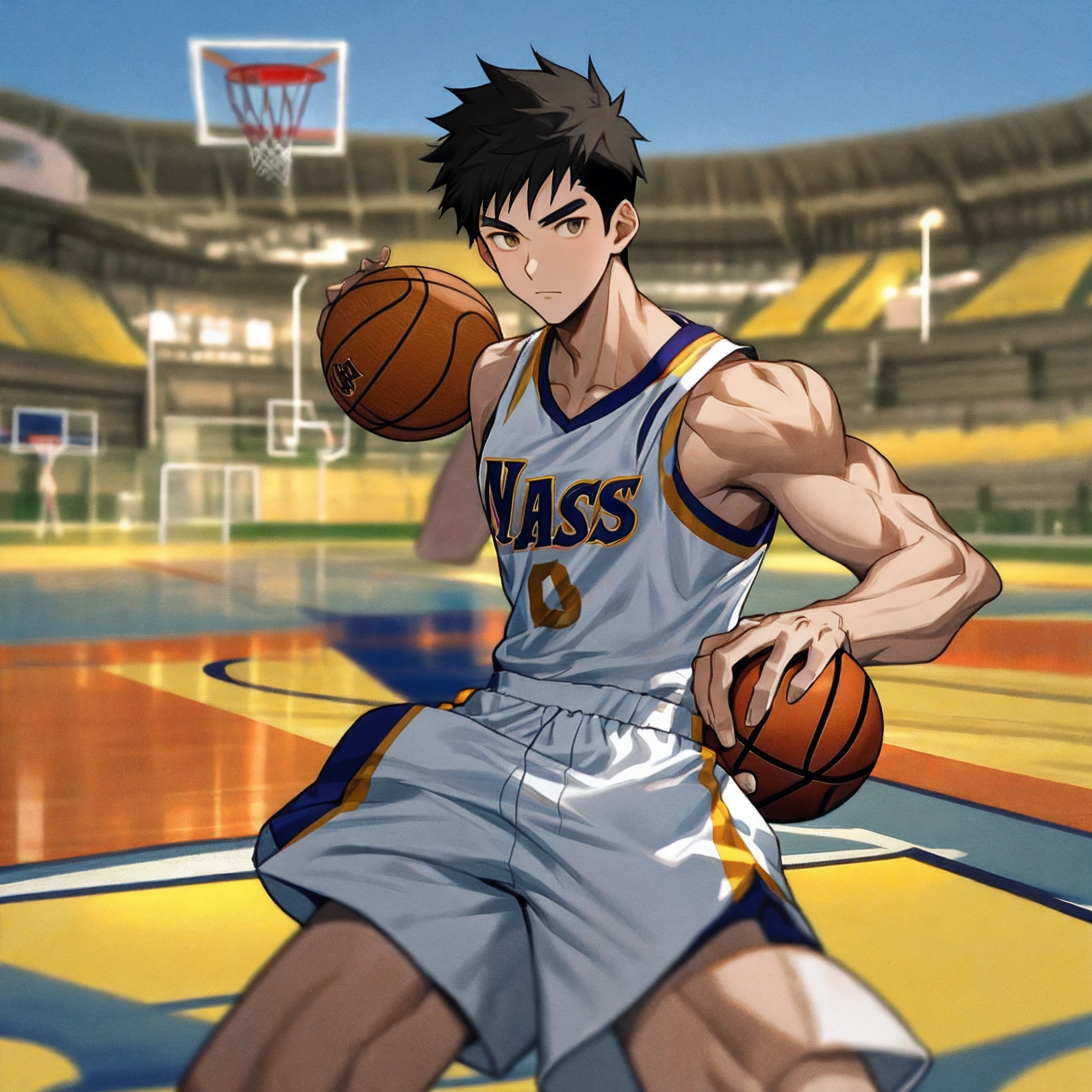 asian male,of a shirtless,musculous,Wear white shorts,Bulge,nakeness,Basketball sports student,full bodyesbian
