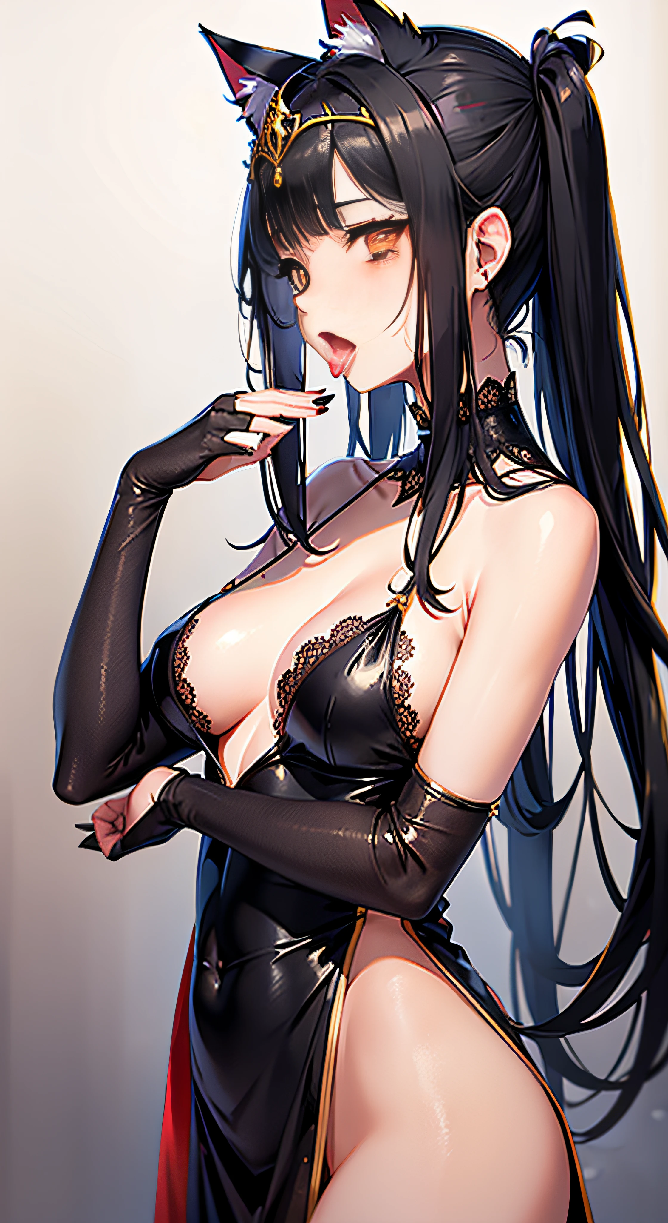 NSFW，with her mouth open，Stick out your tongue，Golden eyes，Shy girl，Wet，Be red in the face，Lace clothes，Silk clothes that can see through the skin，no underwares，Half of the shoulder skin is exposed，Black gold background，With a tiara，cat ear，Black hair with white stripes，Exquisite hands