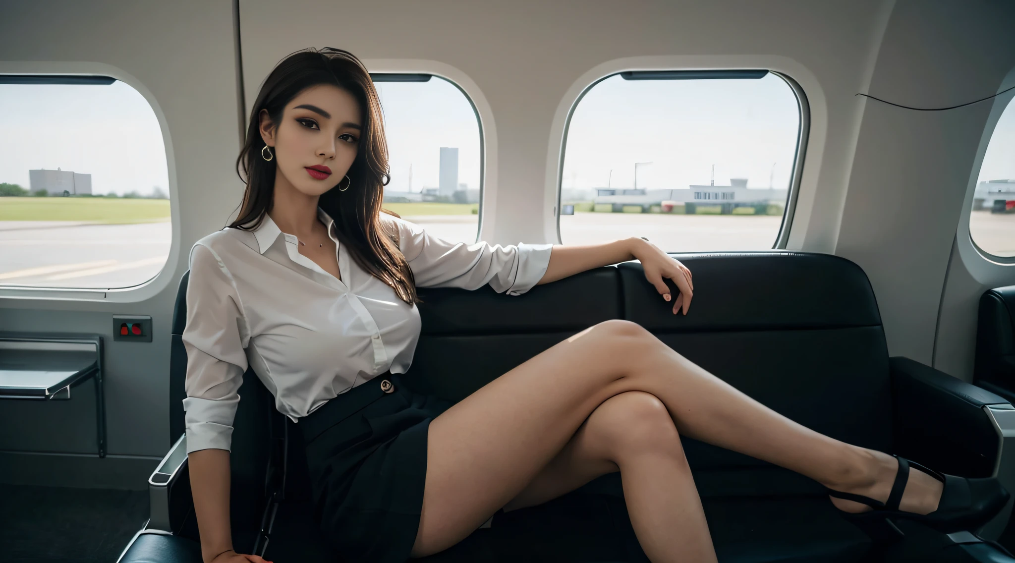 (realisticlying:1.2),South Korean beauties,((Exquisite makeup)),((Exquisite makeup)),((Exquisite makeup)),((Exquisite makeup)),((Exquisite makeup)),((Exquisite makeup)),((Exquisite makeup)),((Exquisite makeup)),((Exquisite makeup)),((Exquisite makeup)),((Exquisite makeup)),((Exquisite makeup)),((Exquisite makeup)),((Exquisite makeup)),((Exquisite makeup)),((Exquisite makeup)),((Exquisite makeup)),((Exquisite makeup)),Gorgeous makeup, Beautiful face,(putting makeup on:1.1),putting makeup on,Beautiful human face,Delicate, Beautiful, Delicate eyes,Delicate eyes,The eyes are deep and bright,The eyes are deep and bright,Young and beautiful,Young and beautiful,big breasts beautiful,big breasts beautiful,Tempting,Tempting,Tempting,,The face is delicate and cute,The face is delicate and cute,Elegant makeup,Move,(33-year-old mature woman:1.3),(flightattendantuniform, black cloaths:1.23, transparent white shirt:1.2, black necktie, Silver square stud earrings:1.2, Medium ruffle skirt:1.3, Clear black stockings cover the legs:1.32, White stiletto heels:1.2), lipsticks, Beautiful scenery in space, Fly in the sky, Heavenly, Aircraft cabin, hyper realistic background:1.2,A full-body photo:1.2, Look at me head-on,(Cesa,Crossed legs:1.81), Super white skin, Casual hairstyle,brunette color hair,Sexy lips,huge tit,Breasts and breasts squeezed together,hyper HD,High quality,Masterpiece,ssmile,Beautiful slender legs,Unique and delicate fingers,