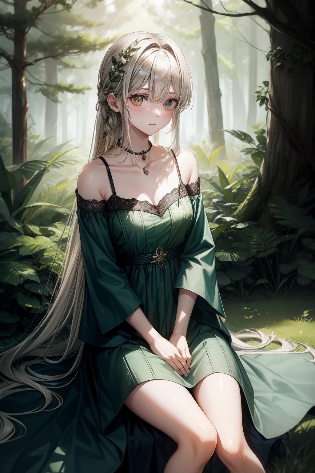 _the hair,tree branch,Brustwarzen,shift dresses,florals,ln the forest,green color_shift dresses,the hair_florals,the hair_decorations,jewely,The long_the hair,medium_Brustwarzen,naturey,choker necklace,Sat down,独奏,upper legs,The tree,extremely_The long_the hair,Eau