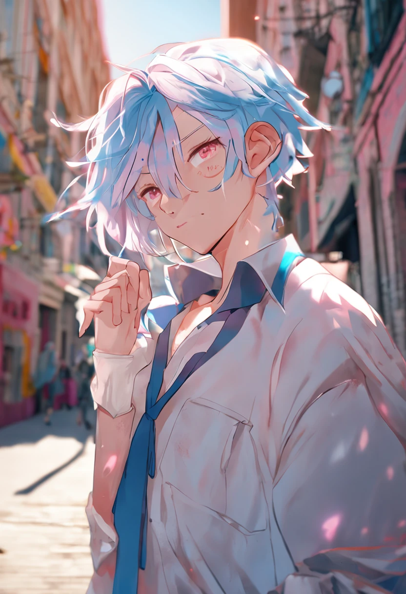 a hot boy with blue hair, and blue eyes, with a shy girl who has pink hair, pink eyes and white dress