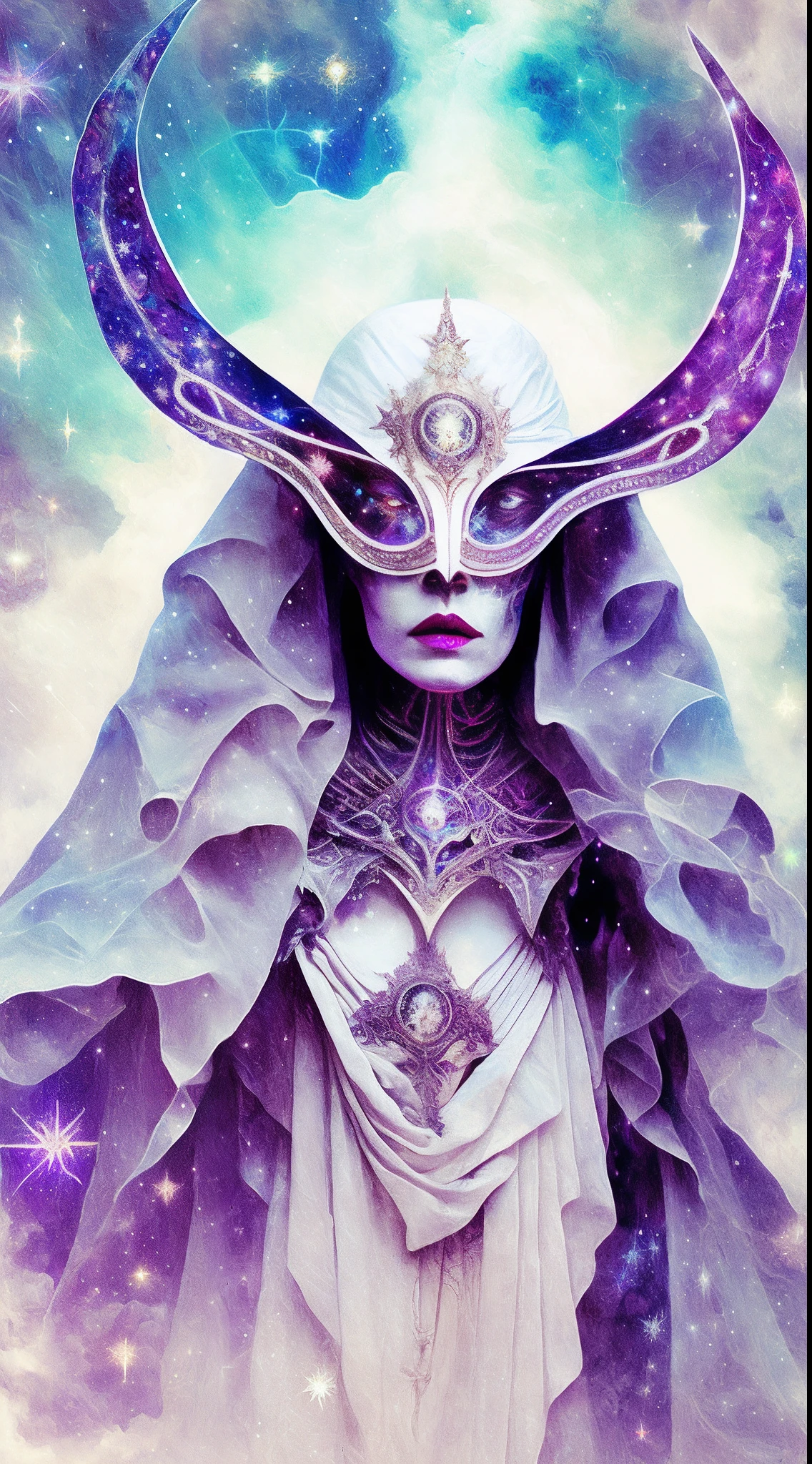 a stern Eldritch ancient god in the storm at night, draped in cloak of stars, [[Sophia Anne Caruso]], [Zendaya], translucent ivory masquerade mask of Eldritch horror, erotic pose, closed eyes, cinematic lighting, (by (Daniel Mernagh) (Carne Griffiths) Monika Nowak), highly detailed, detailed face, soft body, alien