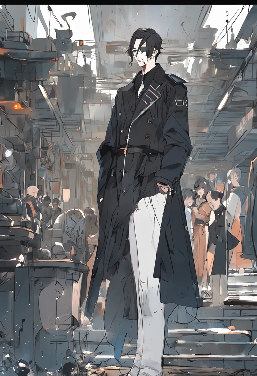 quadratic element，Black hair and blue eyes，black greatcoat，leg loops，arma，Looks melancholy and lonely，Walk towards the audience，((best qualtiy)), ((tmasterpiece))，perfectly proportions、