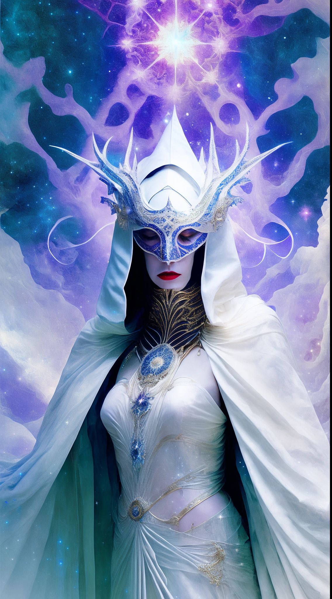 a stern Eldritch ancient god in the storm at night, draped in cloak of stars, [[Sophia Anne Caruso]], [Zendaya], translucent ivory masquerade mask of Eldritch horror, erotic pose, closed eyes, cinematic lighting, (by (Daniel Mernagh) (Carne Griffiths) Monika Nowak), highly detailed, detailed face, soft body, alien