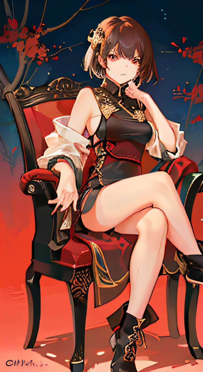 teens girl,on cheongsam,boot,full bodyesbian,(detail in face:1.2),tmasterpiece,Fashionab,Chang'an,short detailed hair,brunette color hair,red - eyed,,sitting on a dragon chair,Hold your head with one hand,obstinate and unruly