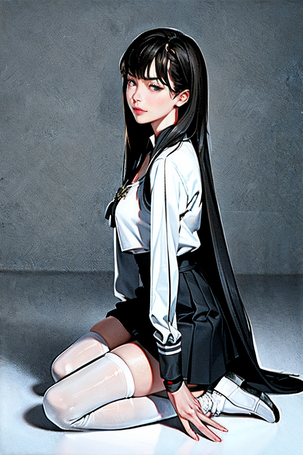 ((masterpiece, best_quality)), 1girl, (photorealistic:1.4), solo, white_background, black_hair, long_hair, zettai_ryouiki, skirt, ((full_body)),
