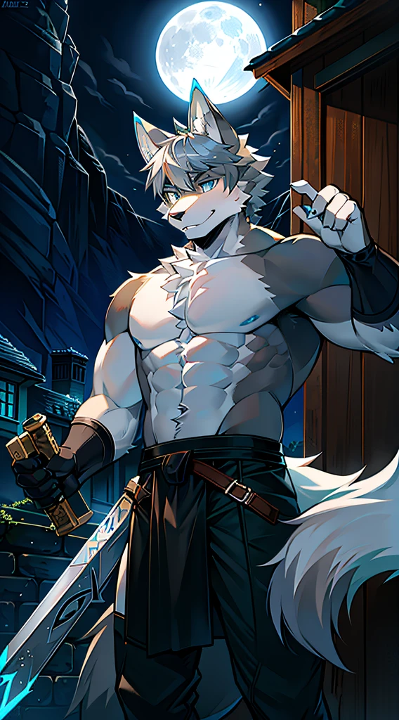 Single, Muscular, grey body, White belly,Wolf with sword before full moon,Wolf ears, Wolf tail, frontage,Short hair,Sunshine,high qulity,blue color eyes,Gray hair,