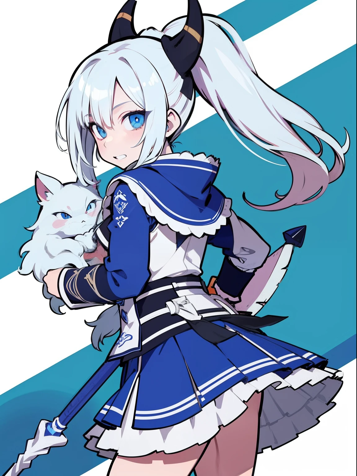 (tmasterpiece),(In the style of Monster Hunter)sportrait,femele ,long white hair,High ponytail,blue color eyes,cloaks,holding a long spear,belo sorriso,simple backgound