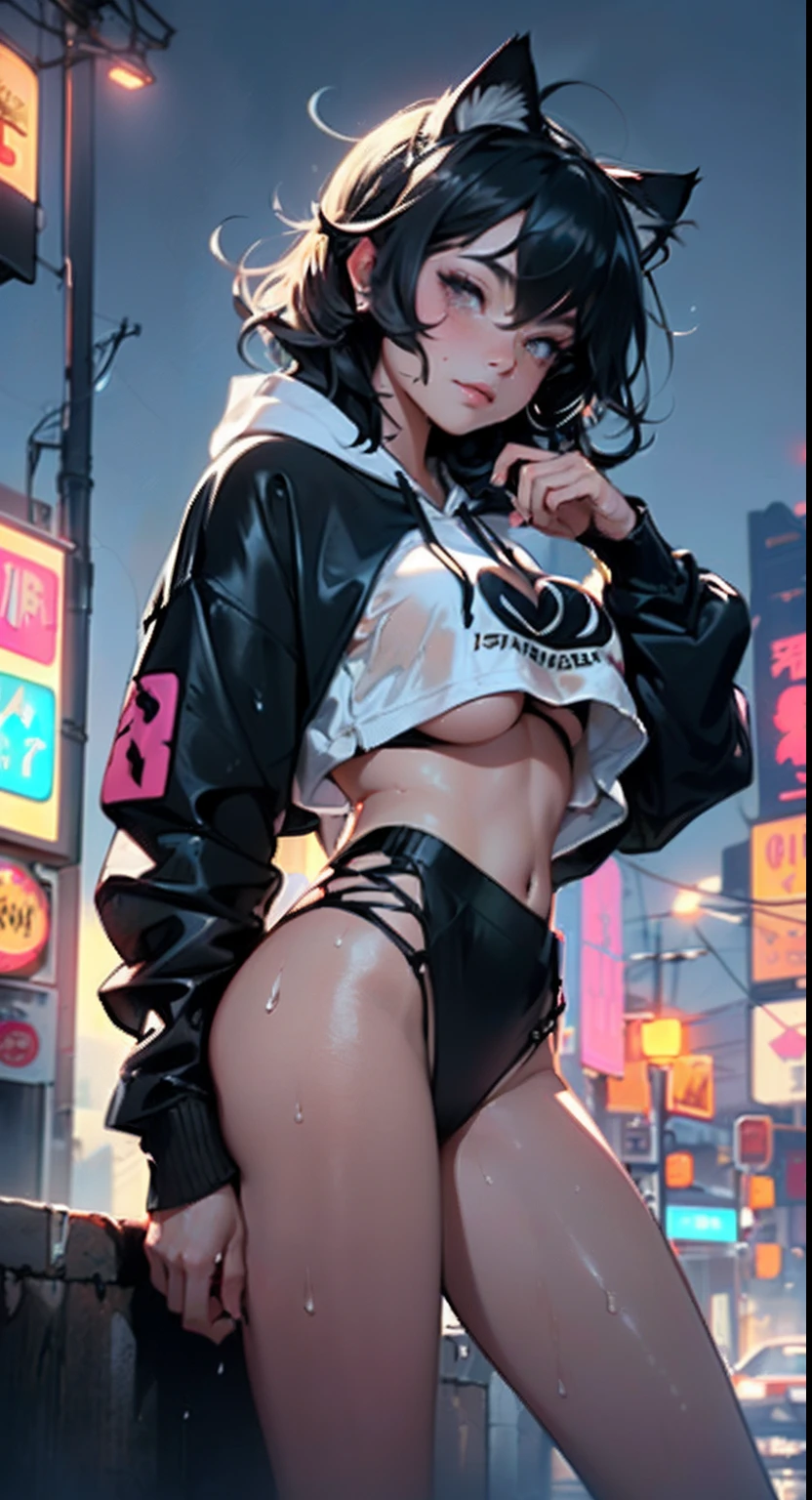 girl spacepunk,(((1girl))),((beautiful girl with bright and luminous cat ears)),
(large breasts:1.4),saggy breasts,((((black hair,black messy hair,colored inner hair,large hair,absurdly long unkempt hair:1.35,long black hair,ear breathing)))),((((cat ears,cat ears on head,big cat ears, glowing cat ears:1.5)))),(((pink eyes:1.3,upturned eyes:1.3,perfect eyes,beautiful detailed eyes,finely detailed beautiful eyes:1,symmetrical eyes:1))),((fat)),(((lustrous skin:1.5,bright skin: 1.5,skin tanned,shiny skin,very shiny skin,shiny body,plastic glitter skin,exaggerated shiny skin, illuminated skin, wet legs))),(spider lower abdomen,narrow waist,wide hip,athletic body,inflated legs,delicate detailed fingers,detailed body,human hands,(detailed face)),
cute,slutty,seductive,erotic,(nsfw),
zettai ryouiki,revealing clothing,show skin,((((underboob)))),(cleavage),(semi-naked,with little clothing,((tiny thong)),bare legs,visible thong straps),((((crop top hoodie,cropped hoodie,hoodie,hoodie intricate)))),((wet clothes,detailed outfit,detailed clothes)),
(dynamic pose:1.0),solo focus,embarrassed,(centered,scale to fit dimensions,Rule of thirds),
cyberpunk city by the ocean at night, with bright neon signs and dark stormy clouds and puddles,
High resolution, sharp focus, (ultra detailed, extremely detailed), (photorealistic artwork:1.37), 8k wallpaper,((synthwave background theme)),vibrant colors,(intricate),(((masterpiece))),