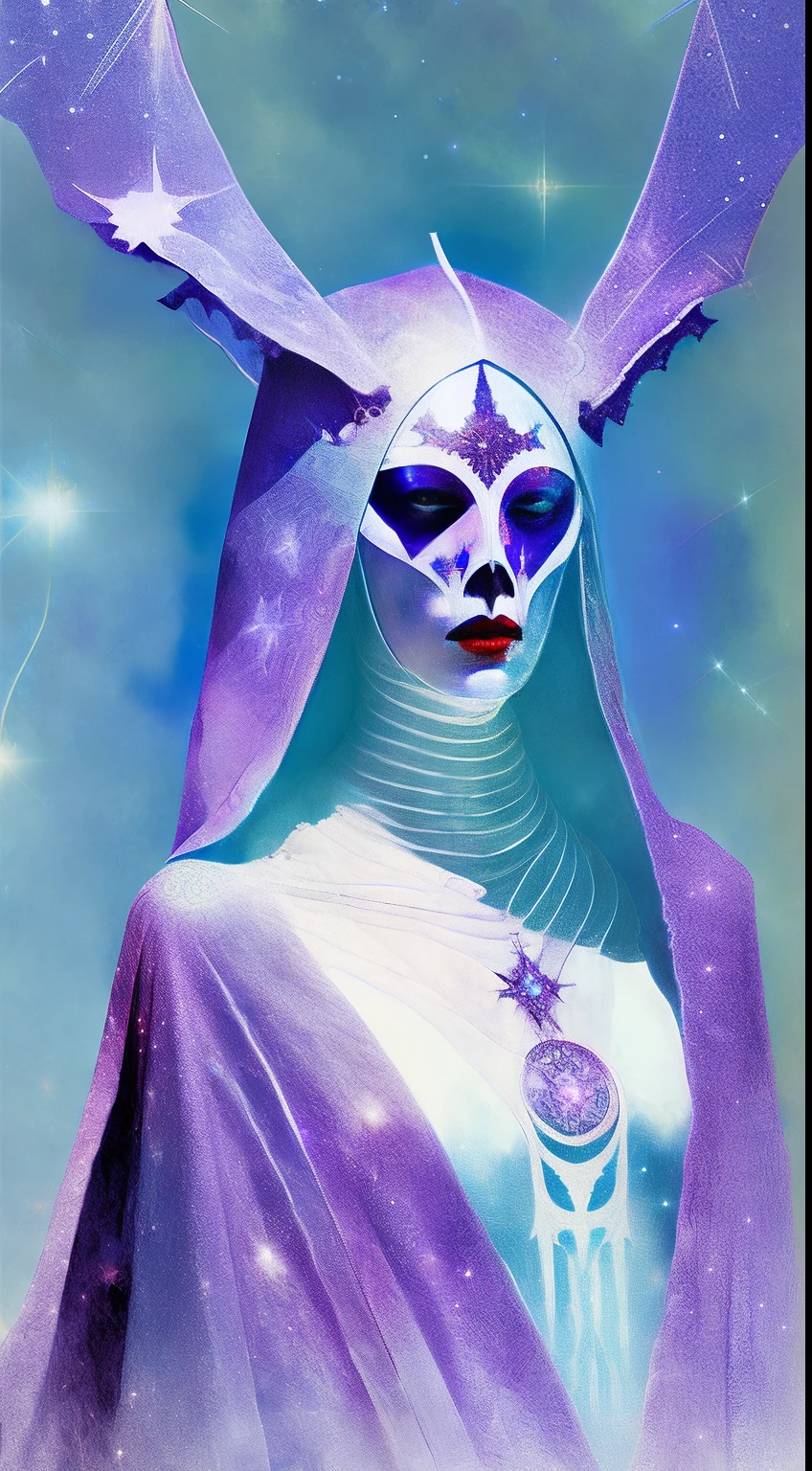 a stern Eldritch ancient god in the storm at night, draped in cloak of stars, [[Sophia Anne Caruso]], [Zendaya], translucent ivory masquerade mask of Eldritch horror, erotic pose, closed eyes, cinematic lighting, (by (Daniel Mernagh) (Carne Griffiths) Monika Nowak), highly detailed, detailed face, soft body, alien