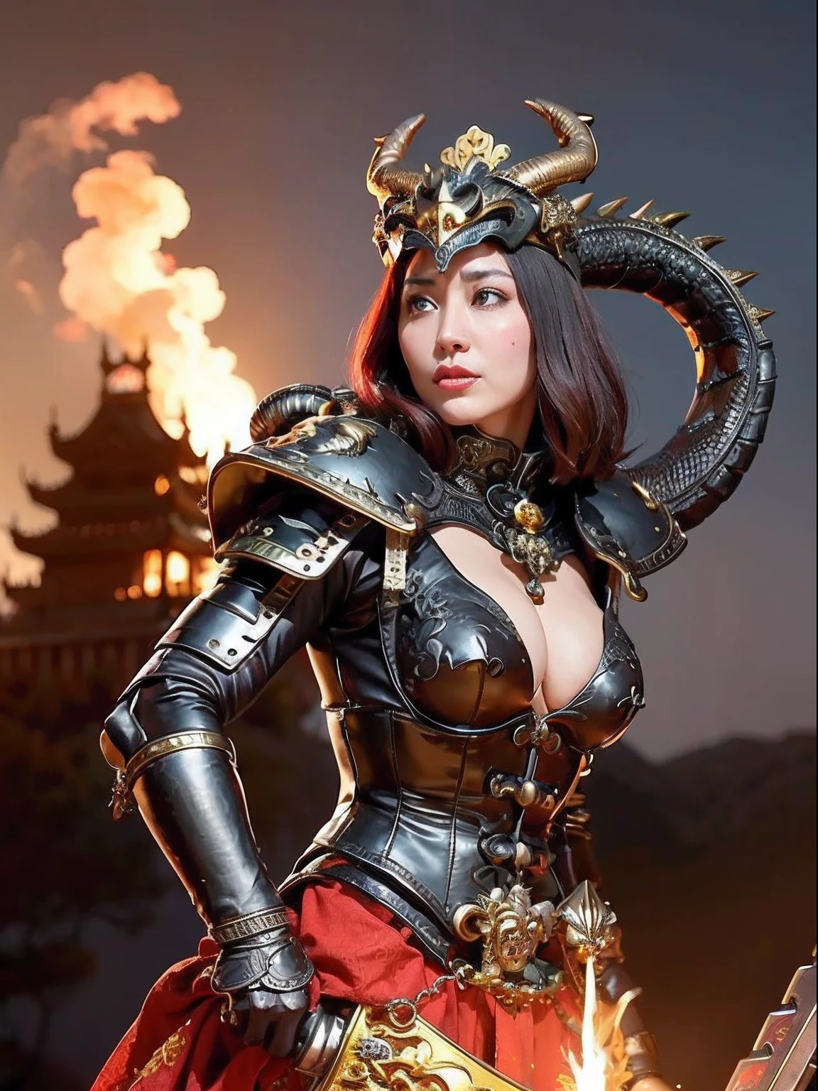 Professional , ​masterpiece、top-quality、photos realistic , depth of fields （Gemstone Black Metal Body:1.９),(Enamel Black、（cleavage of the breast）、（Chinese Dragon）、Mystical expression、Dragon Gold Weapon（Dragon Metal Body:1.４),Gorgeous gold weapons ,（（ Dragon's dense and gorgeous sword）） ,  、blood splashing、  ,warhammer 40k , adepta sororitas,Detail and gorgeous crown、（（Brown hair））、（The dragon）、（Castle background）、The dragon、（（Gangle's forest background））、Beautiful Caucasian beauty、（１a person）、dynamic ungle,(((Detailed and ornate dragon helmet)))、Smaller head、A smile、Castle background、Thin and beautiful female hands、cleavage of the breast、Mystical expression、Light Effects、Wind-effect、magic circles、With the legendary magic wand、（demonic wings）、Toostock、