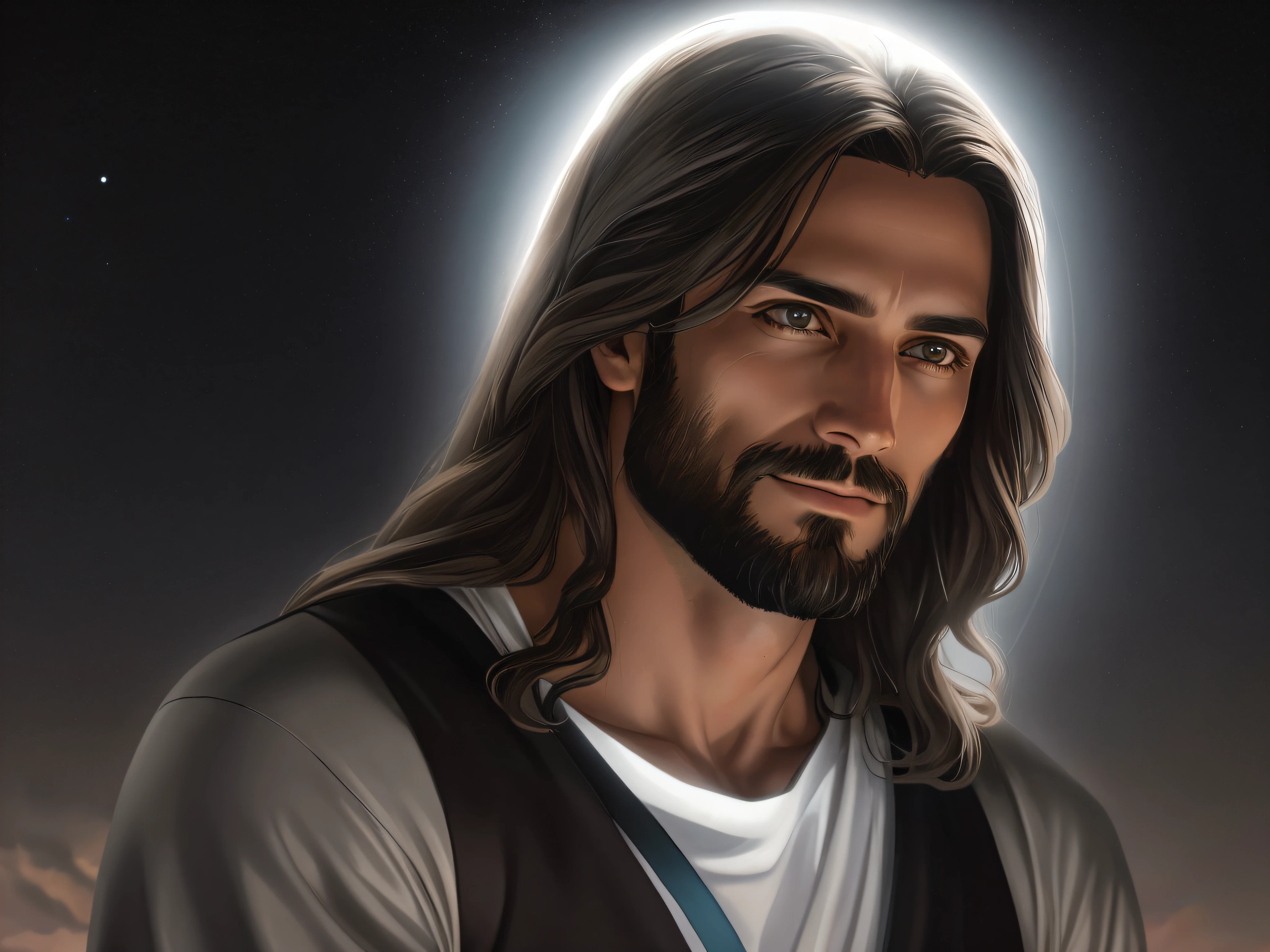 Jesus with long hair and beard in front of a halo, Retrato de Jesus Cristo, Jesus Cristo, rosto de Jesus, jesus of nazareth, Jesus Cristo em Mass Effect, Jesus, fan art, bonito impressionante realista, Jesus Gigachad, Jesus Cristo Indo Super Saiyajin, Cyberpunk Jesus Cristo, pintado digitalmente, pintura digital detalhada, Vestido como Jesus Cristo, Tron legado Jesus Cristo
