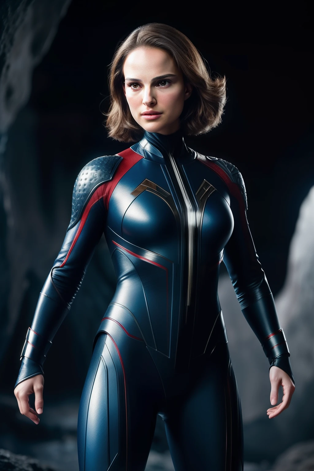 Ultra Realistic Natalie Portman with New Suit in dynamic pose, cinematic Fight scene and lighting, 8k, Detailed suit (masterpiece:1.2) (photorealistic:1.2) (bokeh) (best quality) (in cave) (intricate details) (8k) (HDR) (analog film) (canon d5) (cinematic lighting) (sharp focus)