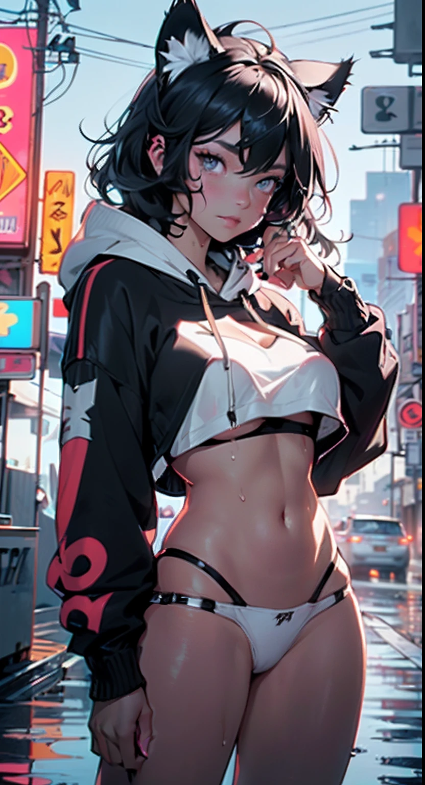 girl spacepunk,(((1girl))),((beautiful girl with bright and luminous cat ears)),
(large breasts:1.4),saggy breasts,((((black hair,black messy hair,colored inner hair,large hair,absurdly long unkempt hair:1.35,long black hair,ear breathing)))),((((cat ears,cat ears on head,big cat ears, glowing cat ears:1.5)))),(((pink eyes:1.3,upturned eyes:1.3,perfect eyes,beautiful detailed eyes,finely detailed beautiful eyes:1,symmetrical eyes:1))),((fat)),(((lustrous skin:1.5,bright skin: 1.5,skin tanned,shiny skin,very shiny skin,shiny body,plastic glitter skin,exaggerated shiny skin, illuminated skin, wet legs))),(spider lower abdomen,narrow waist,wide hip,athletic body,inflated legs,delicate detailed fingers,detailed body,human hands,(detailed face)),
cute,slutty,seductive,erotic,(nsfw),
zettai ryouiki,revealing clothing,show skin,((((underboob)))),(cleavage),(semi-naked,with little clothing,((tiny thong)),bare legs,visible thong straps),((((crop top hoodie,cropped hoodie,hoodie,hoodie intricate)))),((wet clothes,detailed outfit,detailed clothes)),
(dynamic pose:1.0),solo focus,embarrassed,(centered,scale to fit dimensions,Rule of thirds),
cyberpunk city by the ocean at night, with bright neon signs and dark stormy clouds and puddles,
High resolution, sharp focus, (ultra detailed, extremely detailed), (photorealistic artwork:1.37), 8k wallpaper,((synthwave background theme)),vibrant colors,(intricate),(((masterpiece))),