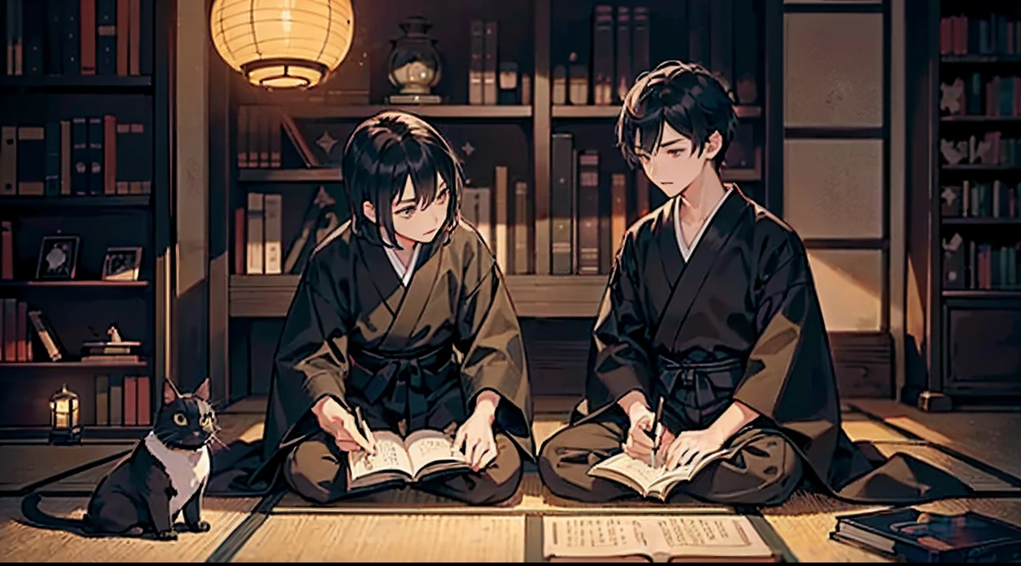 #night sky (darkness of night,no light),
#one writing boy ( male、Honor Students、A dark-haired、short-hair、hakama,sit flat),
#black room at night (no light,black cat,wooden low table,one candle,pretty tatami,a lot of books,bookshelf)