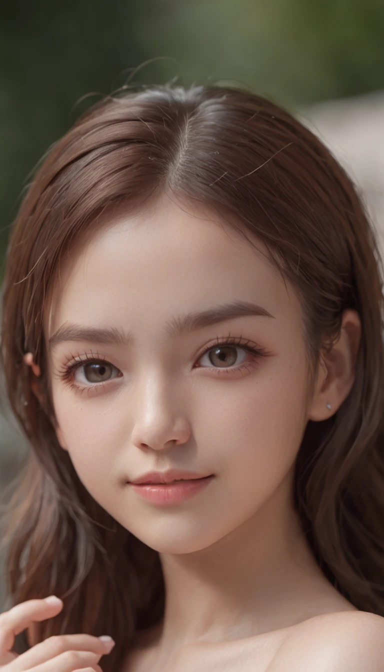 bright look、photorealism、highest quality、Super high resolution、The most beautiful Nordic girls photos、topless, cute and beautiful face details、small face、、big breasts、Slender、、Crystal clear white skin、big light hazel eyes, long straight black hair,